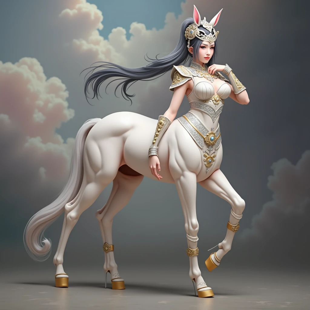 1 centaur,top-quality、tmasterpiece、超A high resolution、(Photorealsitic:1.4)、RAW photo、Battle Robot Angel、Large wing made of metal、White porcelain body、Acrylic transparent cover、whaite hair、glowy skin、1 Cyborg Girl、((Super realistic details))、porate、globalillumination、black shadows、octan render、8K、ultrasharp、Character edge light,Colossal tits、Raw skin is exposed in cleavage、Details of complex ornaments、Details of the Twin Zeta Gundam、Hydraulic cylinder、small led lights、highly intricate detail、Realistic light、a purple eye、Radiant eyes、Facing the camera、neon light detail、cow boy shot、Futuristic headgear、Floor plan about the《cyber punk perssonage》、、