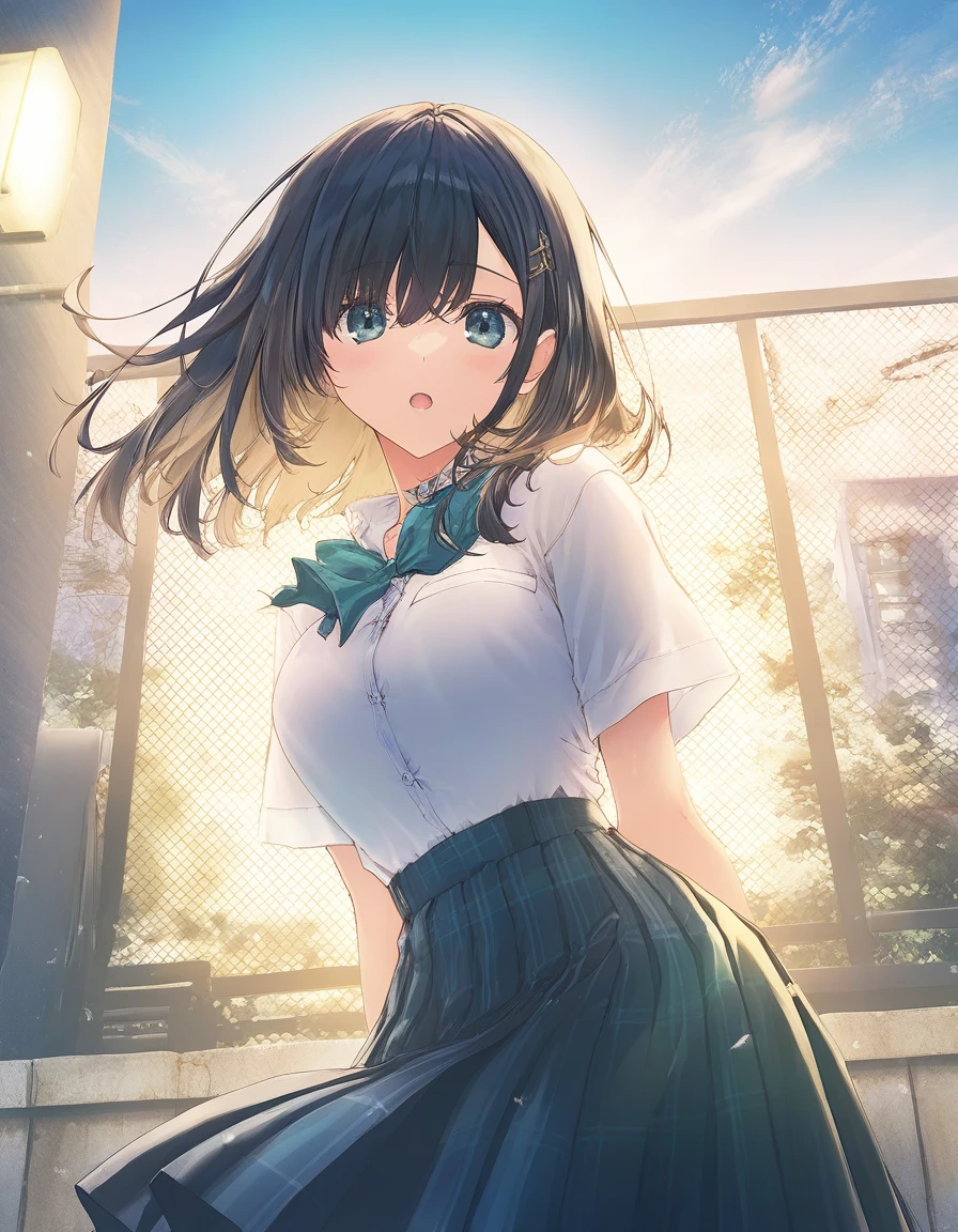 1girl, school uniform, medium breasts, open mouth, outdoors,wind, game CG, break,((artist:mitsumi_misato)),(artist:carnelian:0.5),(masterpiece), (best quality), (ultra-detailed), very aesthetic, newest, beauty illustration,super detailed skin, detailed eyes, absurdres, highres,Best sexual lighting powered by famous artist, ,8k,clear line illustration,very high resolution,(Detailed Lighting),photoshop_(medium),source_anime,