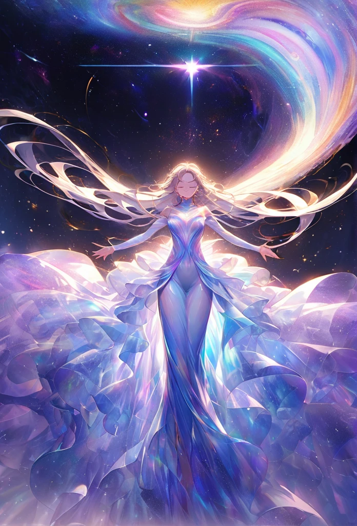 A striking, semi-abstract painting of a woman levitating gracefully in a vast cosmic expanse. Her flowing gown, made of delicate, translucent fabric, blends seamlessly into swirling nebulae, as if woven from the stars themselves. Her outstretched arms radiate light, creating beams that illuminate celestial bodies surrounding her. Planets, comets, and distant galaxies orbit hegure, symbolizing her connection to the universe. Her expression is serene, eyes closed, as if in deep communion with the cosmos. The vibrant hues of purple, gold, and deep blues swirl in harmony, capturing a moment of transcendence—an ethereal fusion of humanity and the infinite cosmos.