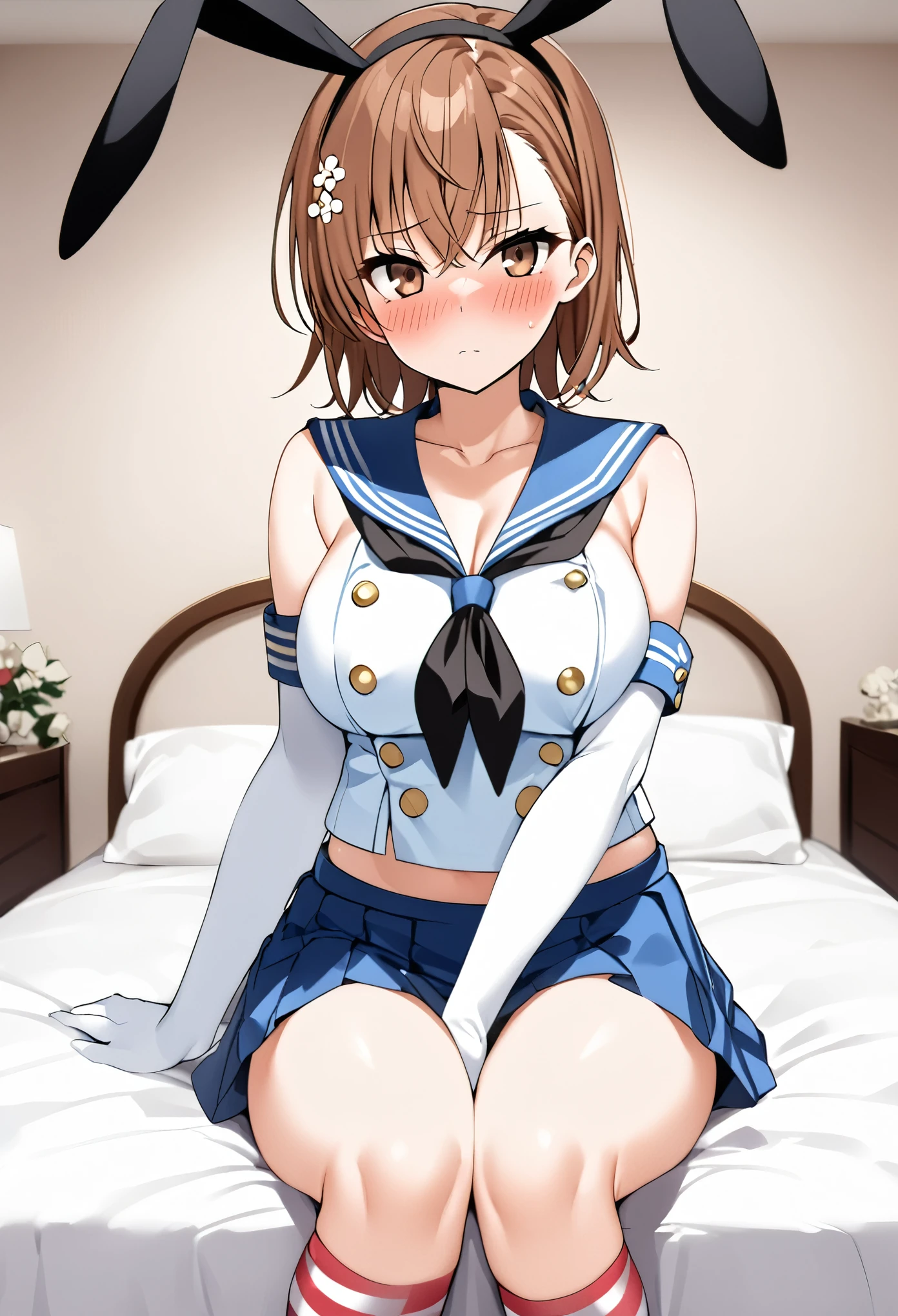 (((Best Quality、 Kampala、4K、 beautiful anime girl、Smooth Skin、Glowing Skin、Soft Skin、solo、Detailed face)))、(((Misaka Mikoto、 short hair、Brown Hair、Hair accessories、Hair accessories、 Brown Eyes 、Big Breasts)))、((Shimakaze Cosplay、black neckerchief 、Blue mini skirt、red and white striped knee socks、Black panties、 blue sailor color 、white elbow gloves、black rabbit ears ))、(( staring at me 、White bedroom、front、blush、Sit on the bed))