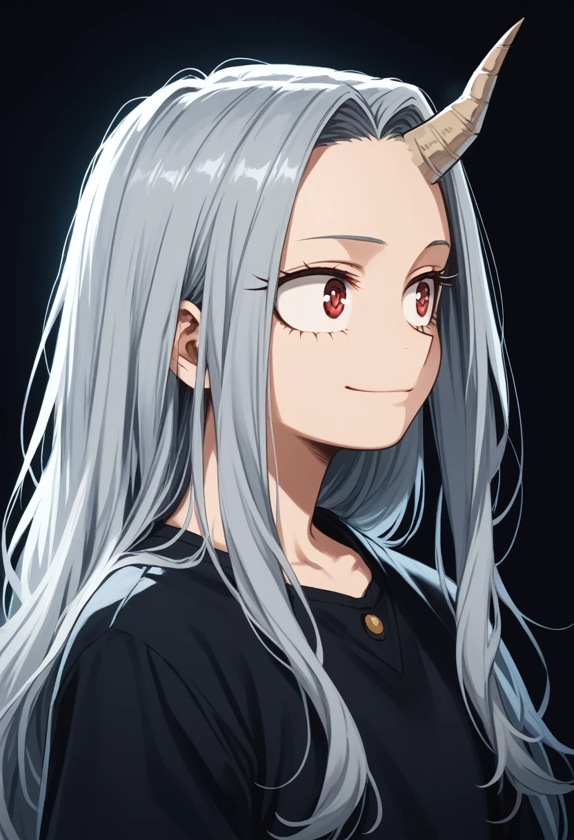 (score_9, score_8_up), score_7_up, zPDXL, eri, long hair, red eyes, grey hair, horns, , ((single_horn)), female , lora:my-hero-academia-eri-anime-ponyxl-lora-nochekaiser:1, upper body, smirk, looking away, black shirt, dark background, lora:Sinozick_Style_XL_Pony:1, sinozick style, flat color