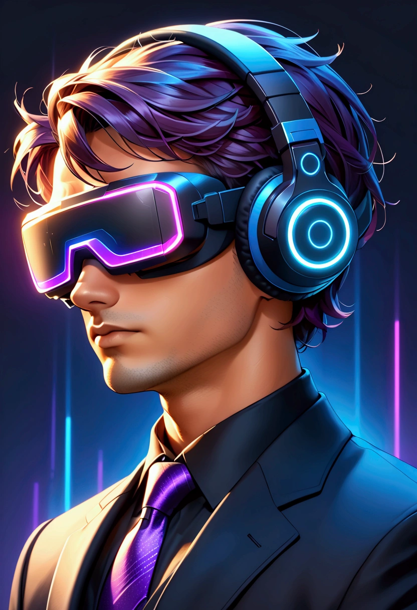 close-up, semi-lateral view, perfect head and face, (a man), from the future with synthwave style, (male), cyber punk style, ((He wears a black suit with black shirt and purple tie)), without helmet, without hat, (((using a dark blue headphones listening to music, covering their eyes with a futuristic dark virtual reality glasses with non-transparent visor dark color))), very realistic textures and colors, minimalist, futuristic, with neon light rays and purple lights behind with dark orange neon, ((black background with dark blue and purple gradient)), lights and rays behind, flat illustration, minimalism, simplified, cartoon,