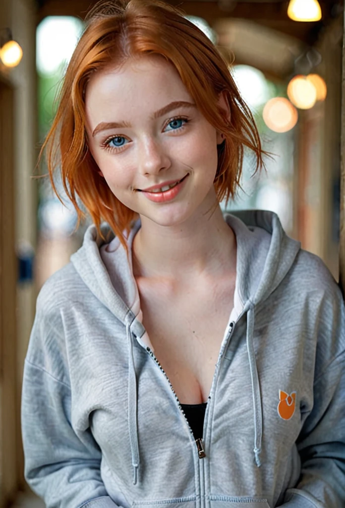 a beautiful young woman with short natural orange hair, detailed face with beautiful natural blue eyes, delicate facial features, casual flirtatious mood, happy, smiling, delicate breasts, forbidden sweetheart 

Wearing a cute college hoodie, hoodie is unzipped all the way, (nothing is underneath the hoodie, bra, bare skin, small breasts), tight shorts, tall socks, sneakers 

High Definition RAW Photography, 16k photography, (best quality,4k,8k,highres,masterpiece:1.2),ultra-detailed,(realistic,photorealistic,photo-realistic:1.37),HDR,UHD,studio lighting,ultra-fine painting,sharp focus,physically-based rendering,extreme detail description,professional,vivid colors,bokeh