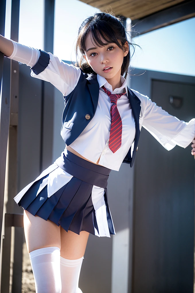 High resolution, beautiful woman, beautiful face, symmetrical eyes, model-like proportions, short half-sleeve blazer, white Y-shirt, ribbon tie, navy blue pleated micro mini skirt, knee-high socks, loafers, jumping with arms raised, backlit, in front of the school gate, strong sunlight,