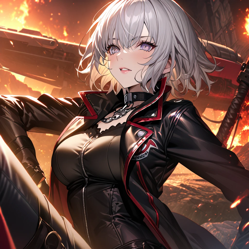 High image quality、best quality、extremely detailed CG unity 8k wallpaper、Masterpiece、ultra detailed、super fine illustration、detailed beautiful face、detailed beautiful eyes、Big Breasts、big ass、glamorous body、 Jeanne Alter (fate) ((My slave)) (wearing a collar)(Metal collar) (embarrassing)(latex rider jacket) (((female masturbation)))