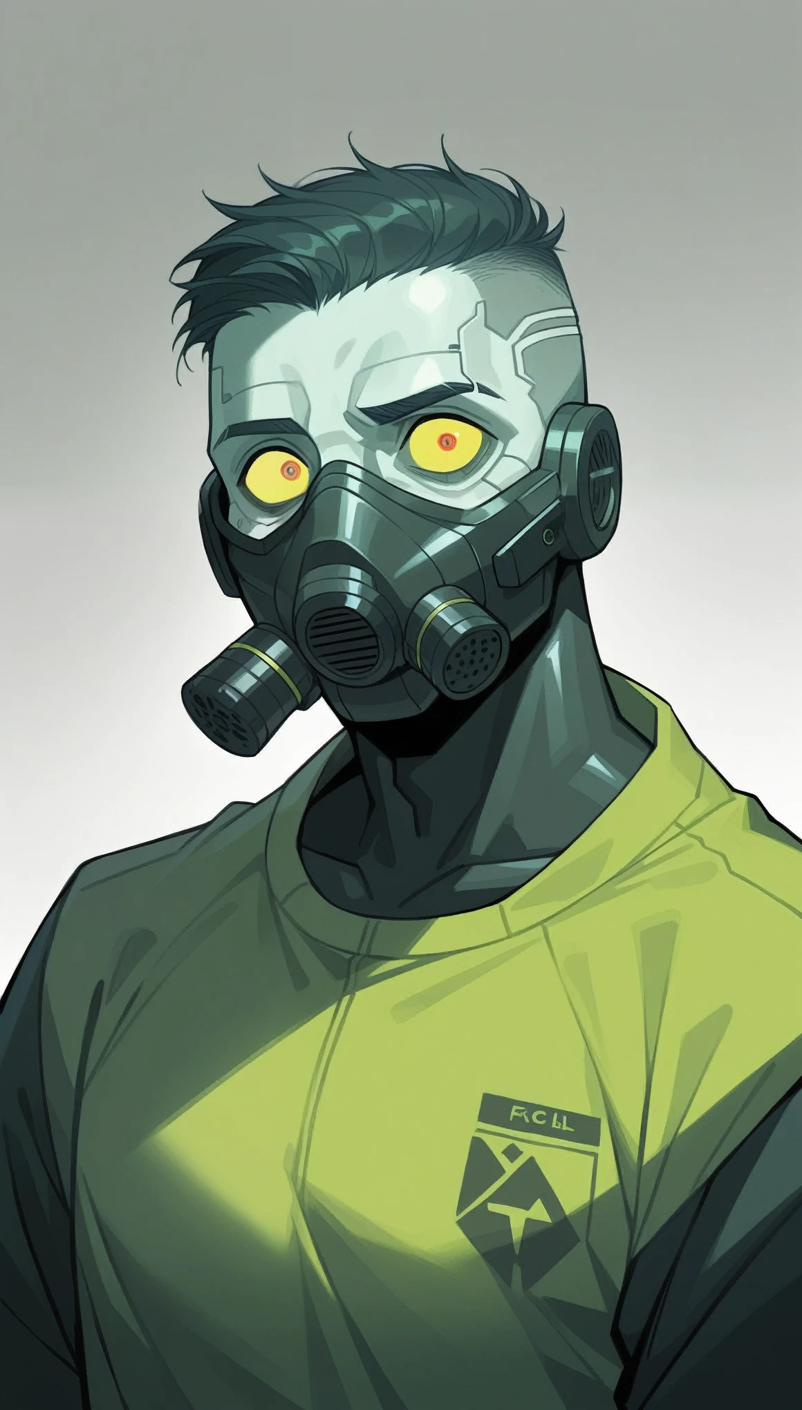 male,   He wears a black gas mask that covers his face  .,   The gas mask has yellow accents and yellow details on the eyes and the filter.,   Black clothing with cyberpunk design  ,   Metallic texture y mechanical decorations in some places  .,  deep black sweatshirt  , Thin and tall,   Tight clothing with visible body lines . ., facing front,   Composition like a scene from a movie  ,   Dutch angle  , implacable, calm, cruel, and ruthless  . Thin and tall,   Tight clothing that reveals body lines . .,   drawn to the upper body  ,   ,   Composition like a scene from a movie  ,   Dutch angle  , implacable and calm,   relentless and relentless in its pursuit of its opponents  ,   Cold-blooded thinking with no means to an end  ,   Air pollution and toxic fumes in the air  ,  dystopian environment .  eznegativxl  ,