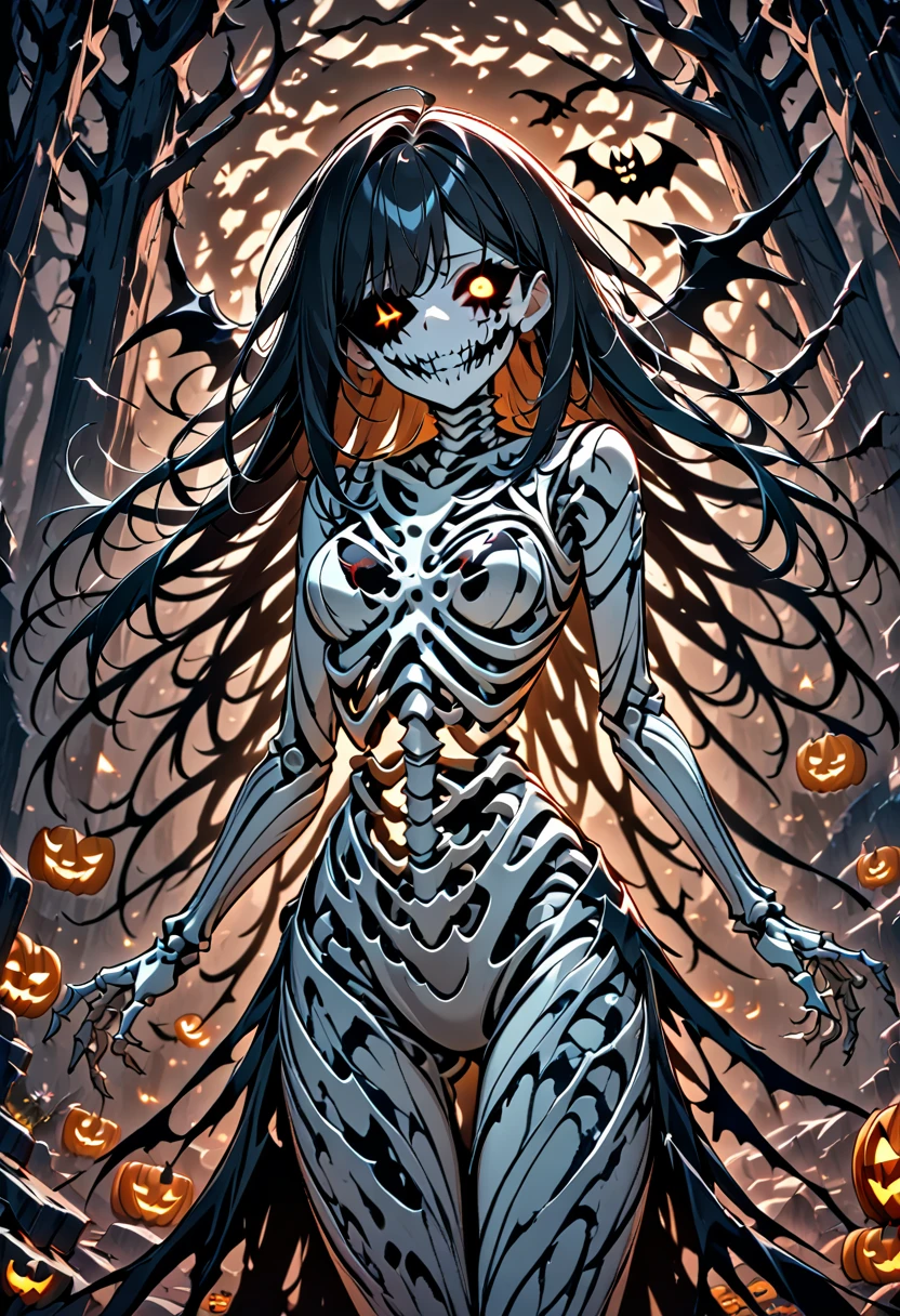 1girl,Hallow,spooky,jack o lantern, skeleton body