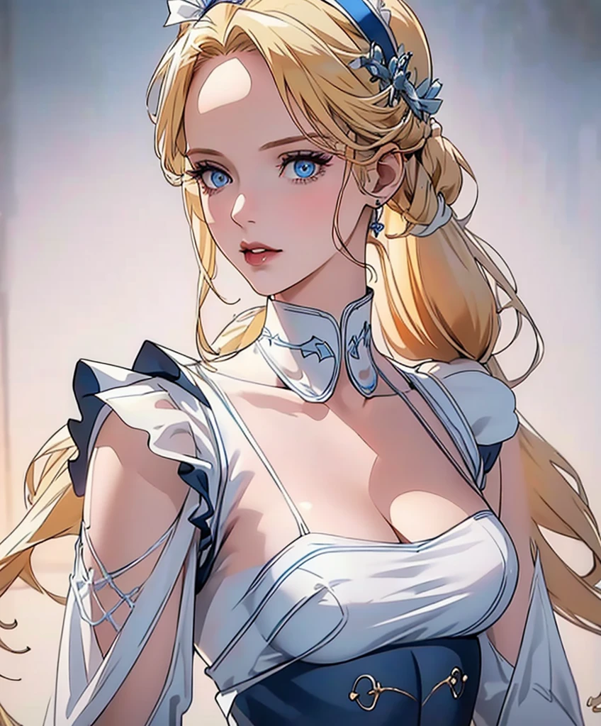 Realistic Portrait, Elegant mature woman (1 female), with icy blue eyes, blonde hair, long hair, her forehead is covered in hair, focus on face, close up shot, cleavage, gothic black and white maid outfit, white maid headband, white frills at shoulders, only upper body, up to waist, soft light, high detail, 4k resolution, high quality, beautiful CG