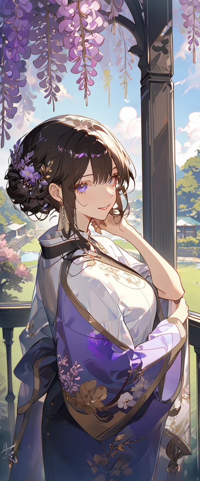 wisteria flower, wisteria tree, wisteria background, 8k ,4k , best quality, high quality, masterpiece, embroidery  clothes, big chest, all kind of hairstyle, inspired by Asukaziye artist : ask, art style : ask