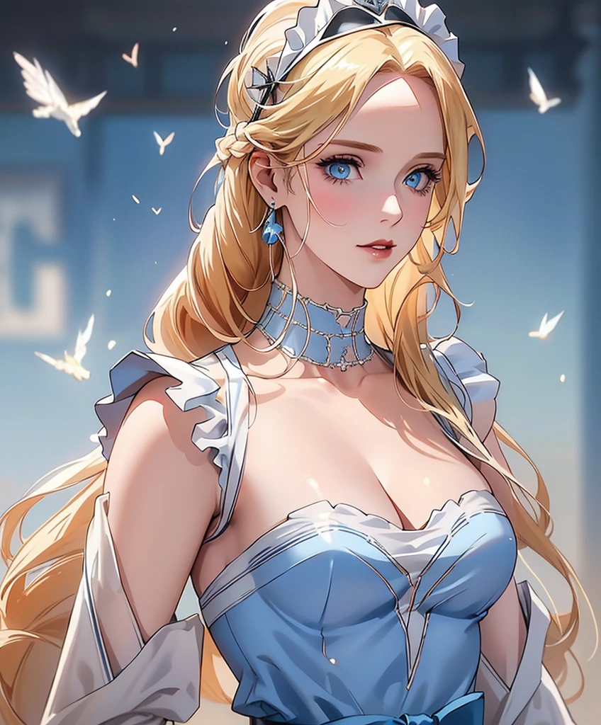 Realistic Portrait, Elegant mature woman (1 female), with icy blue eyes, blonde hair, long hair, her forehead is covered in hair, focus on face, close-up shot, cleavage, gothic black and white maid outfit, white maid headband, white frills at shoulders, only upper body, up to waist, soft light, high detail, 4k resolution, high quality, beautiful CG