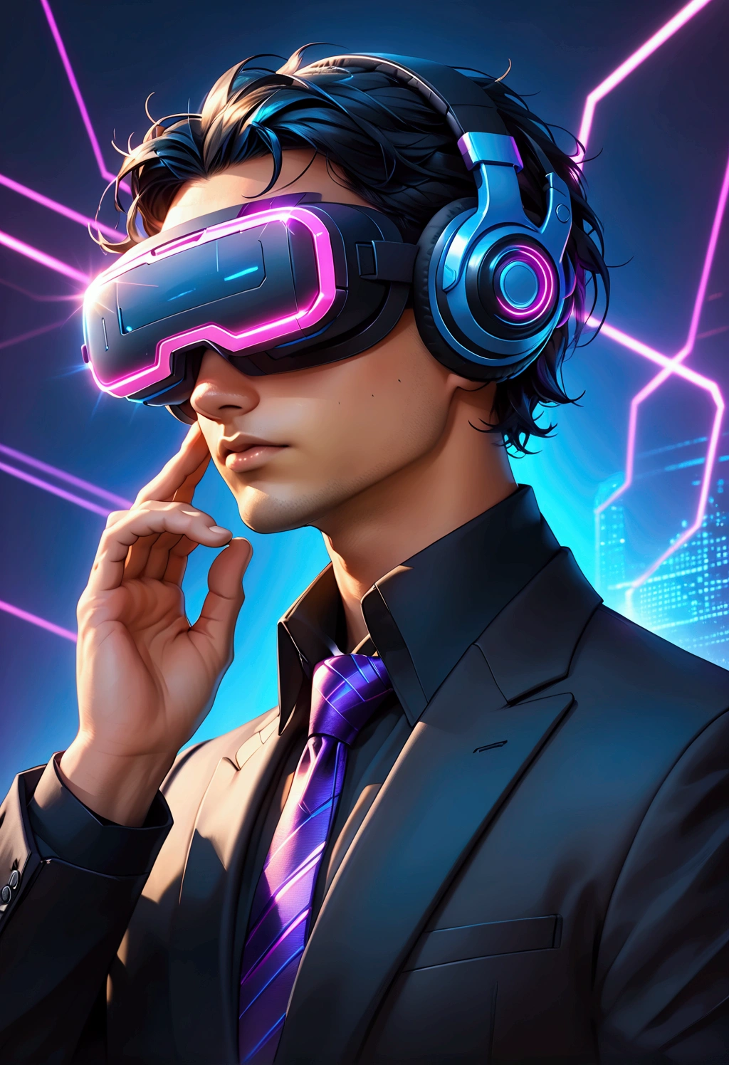 close-up, semi-lateral view, perfect head and face, (a man), from the future with synthwave style, (male), cyber punk style, ((He wears a black suit with black shirt and purple tie)), without helmet, without hat, (((using a dark blue headphones listening to music, covering their eyes with a futuristic dark virtual reality glasses with non-transparent visor dark color))), very realistic textures and colors, minimalist, futuristic, with neon light rays and purple lights behind with dark orange neon, ((black background with dark blue and purple gradient)), lights and rays behind, flat illustration, minimalism, simplified, cartoon,