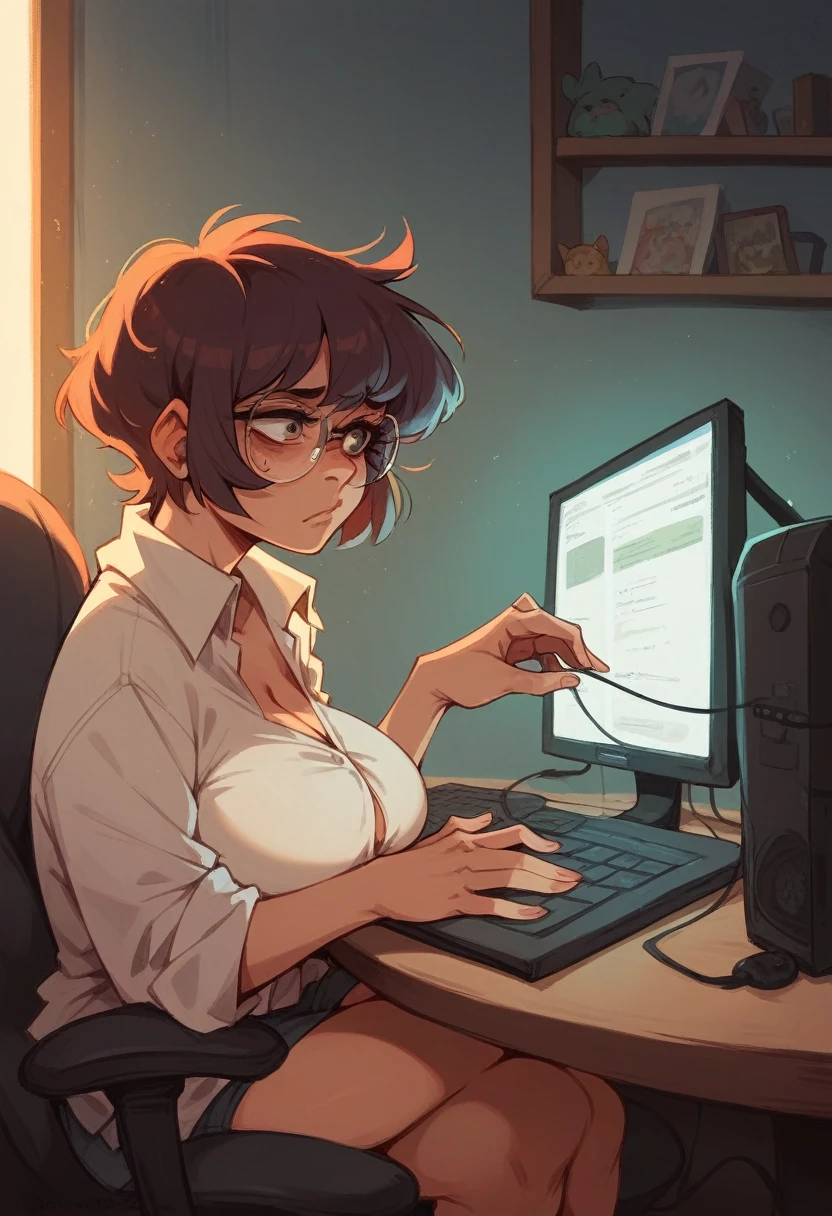 nerdy girl,  Big breasts,  short hair, disheveled, In front of the computer, glasses, depressed