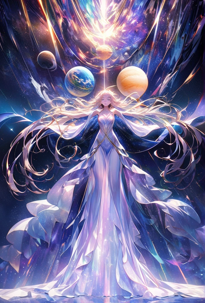 A striking, semi-abstract painting of a woman levitating gracefully in a vast cosmic expanse. Her flowing gown, made of delicate, translucent fabric, blends seamlessly into swirling nebulae, as if woven from the stars themselves. Her outstretched arms radiate light, creating beams that illuminate celestial bodies surrounding her. Planets, comets, and distant galaxies orbit hegure, symbolizing her connection to the universe. Her expression is serene, eyes opened, as if in deep communion with the cosmos. The vibrant hues of purple, gold, and deep blues swirl in harmony, capturing a moment of transcendence—an ethereal fusion of humanity and the infinite cosmos.