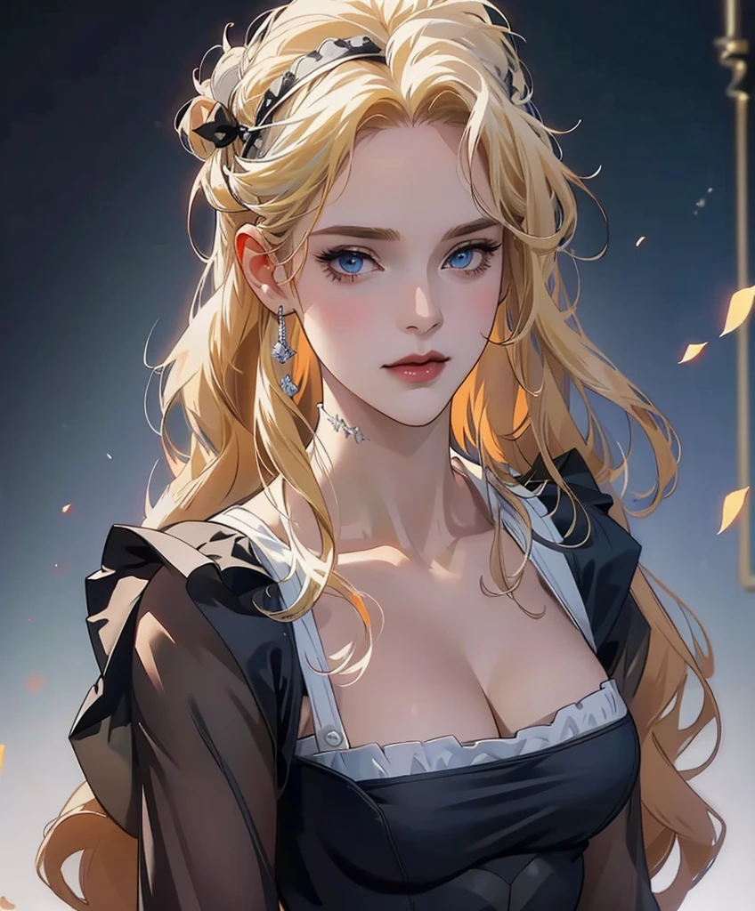 Realistic Portrait, Elegant mature woman (1 female), with icy blue eyes, blonde hair, long hair, her forehead is covered in hair, focus on face, close-up shot, cleavage, gothic black and white maid outfit, white maid headband, white frills at shoulders, only upper body, up to waist, soft light, high detail, 4k resolution, high quality, beautiful CG