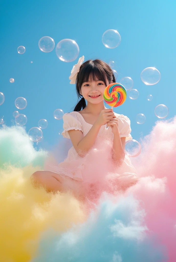 A serene Thai girl so cute sits gracefully on a vibrant cloud made up of blue, pink, yellow, and green hues. She delicately holds a large lollipop adorned with vivid, colorful swirls. Her skin is intricately detailed, with prominent eyebrows and a joyful smile, all anatomically realistic. Around her float transparent bubbles, adding a whimsical touch to the scene. Despite the unreal setting, the girl's lifelike face invites deep contemplation. The cinematic, aesthetic lighting enhances the sweetness of the atmosphere, creating a beautiful, dreamlike visual, --S 999 Style raw