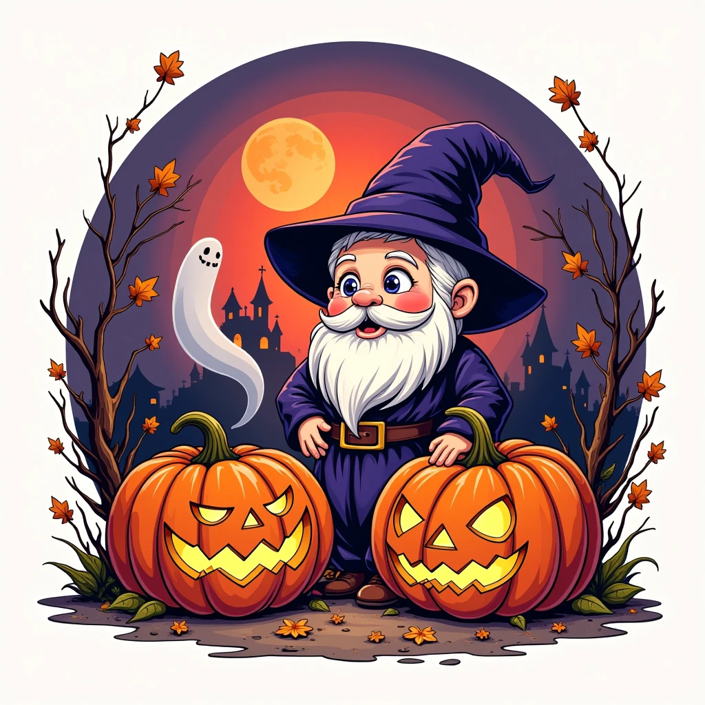 Halloween themed icon， (Badge design 1.2)，masterpiece，best quality，open mouth smile，upper body，Halloween，Pumpkins，dwarf，looking at the audience，(trick or treat:1.2)，ghost，witch_hat，red_moon，castle，vector drawing，Detailed shadow，Colorful artistic line style，Circular Frame，leafsimple background