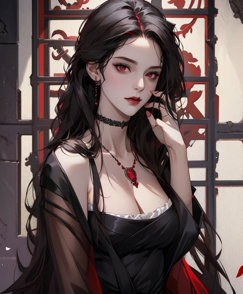 Realistic Portrait, Elegant mature woman (1 female), with red eyes, black hair, long hair, ruby amulet, focus on face, close up shot, cleavage, gothic black dress, only upper body, up to waist, soft light, high detail, 4k resolution, high quality, beautiful CG