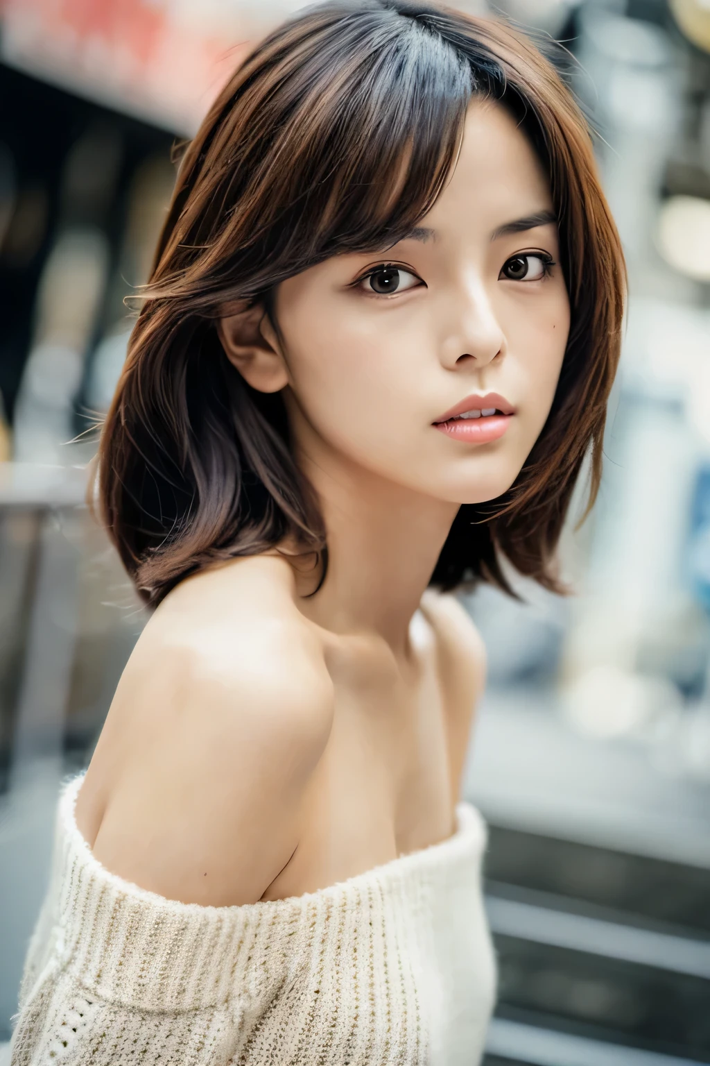 masterpiece, best quality, ultra-detailed, intricately detailed hyperdetailed, realistic, sharp features, highly detailed, sharp focus, 17 years old, perfect face, perfect face, perfect symmetrically eyes, perfect full lips, flexible female form, cinematic, film light, hyper detailed, hyper realistic, high resolution, vibrant, dynamic studio lighting, ((Dark background)), short hair, straight Bangs, cleavage, brown Eyes, White sweater, cowboy shot,