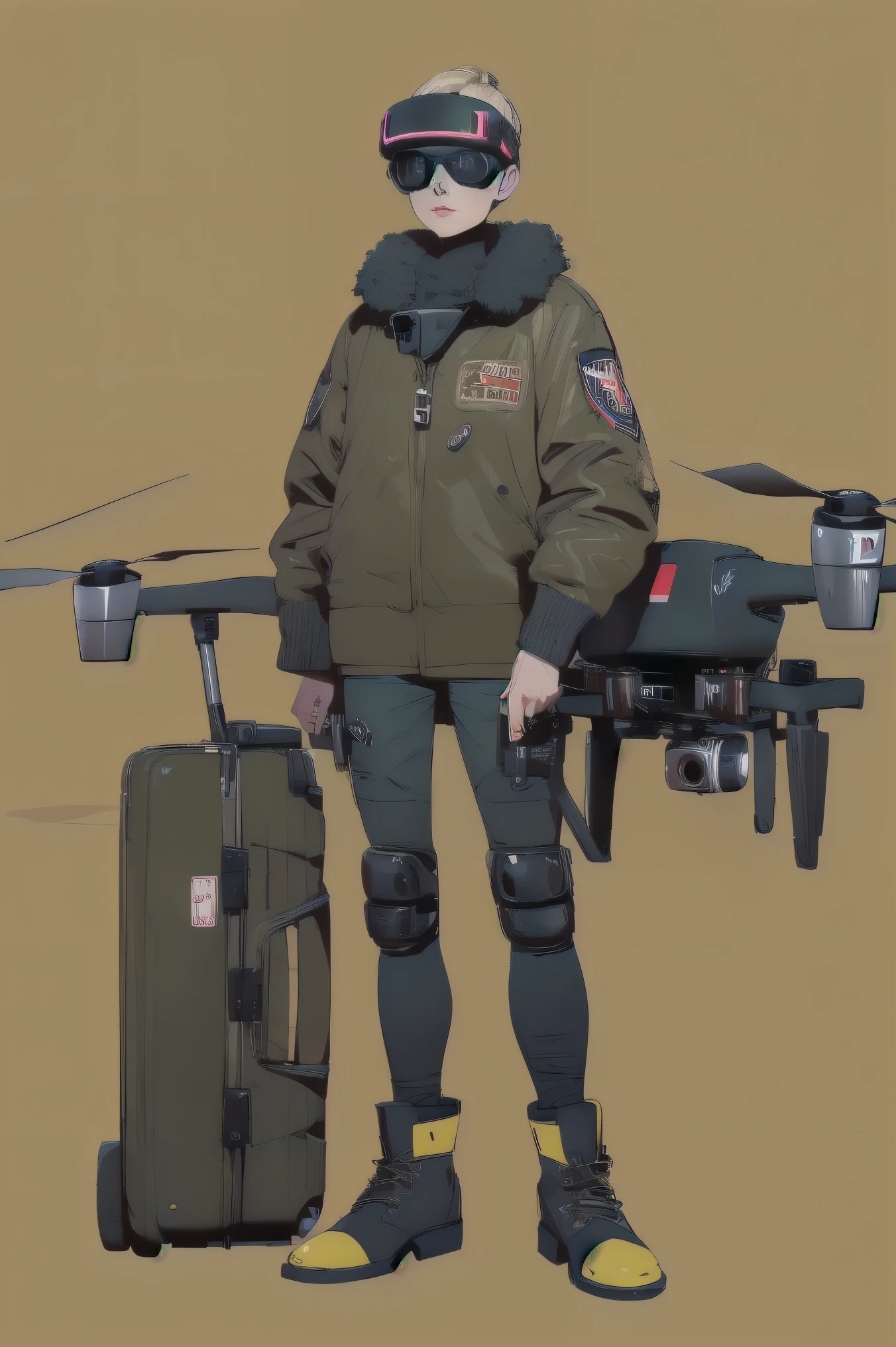 full body image , ( Ultra detailed, ultra high resolution , detailed background),((2d)),((flat color)),((dull color)), 1SOLO, looking at the viewer , baggy flight suit, bomber jacket with large sheep collar, ( large yellow galoshes ), Plush necklace, full body image , wearing virtual reality glasses , (( Baron's intricate desert background )), ((apocalyptic city)), full body in the frame , ((Drone next to you ))