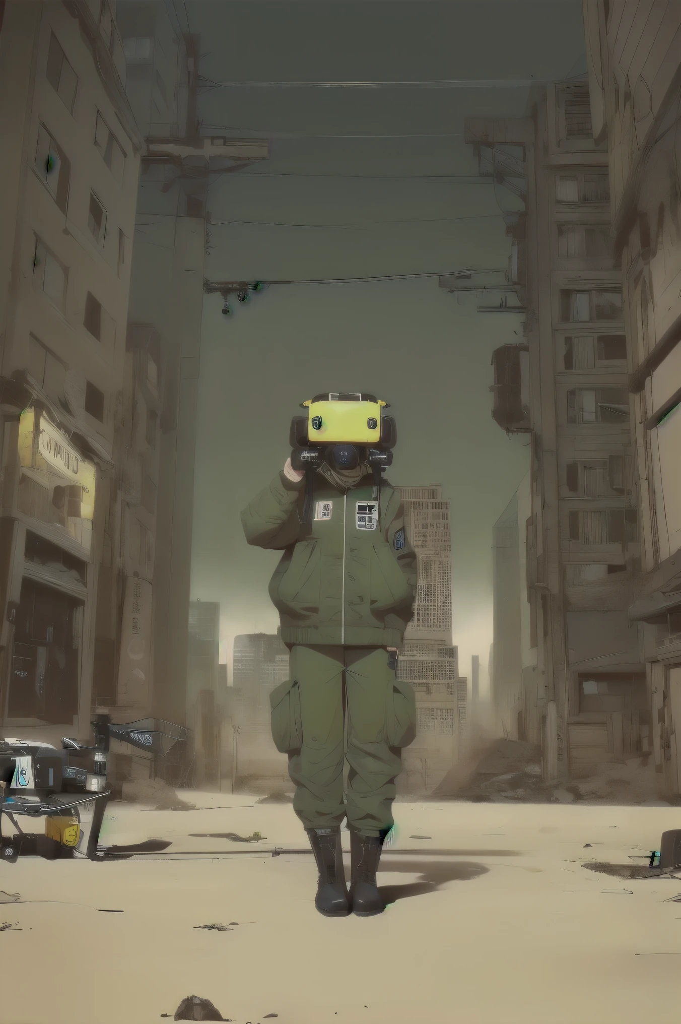  full body image , ( Ultra detailed, ultra high resolution , detailed background),((2d)),((flat color)),((dull color)), 1SOLO,   looking at the viewer , baggy flight suit,  bomber jacket with large sheep collar, ( large yellow galoshes ), Plush necklace,  full body image ,  wearing virtual reality glasses , (( Baron's intricate desert background )), ((apocalyptic city)),  full body in the frame , ((Drone next to you ))