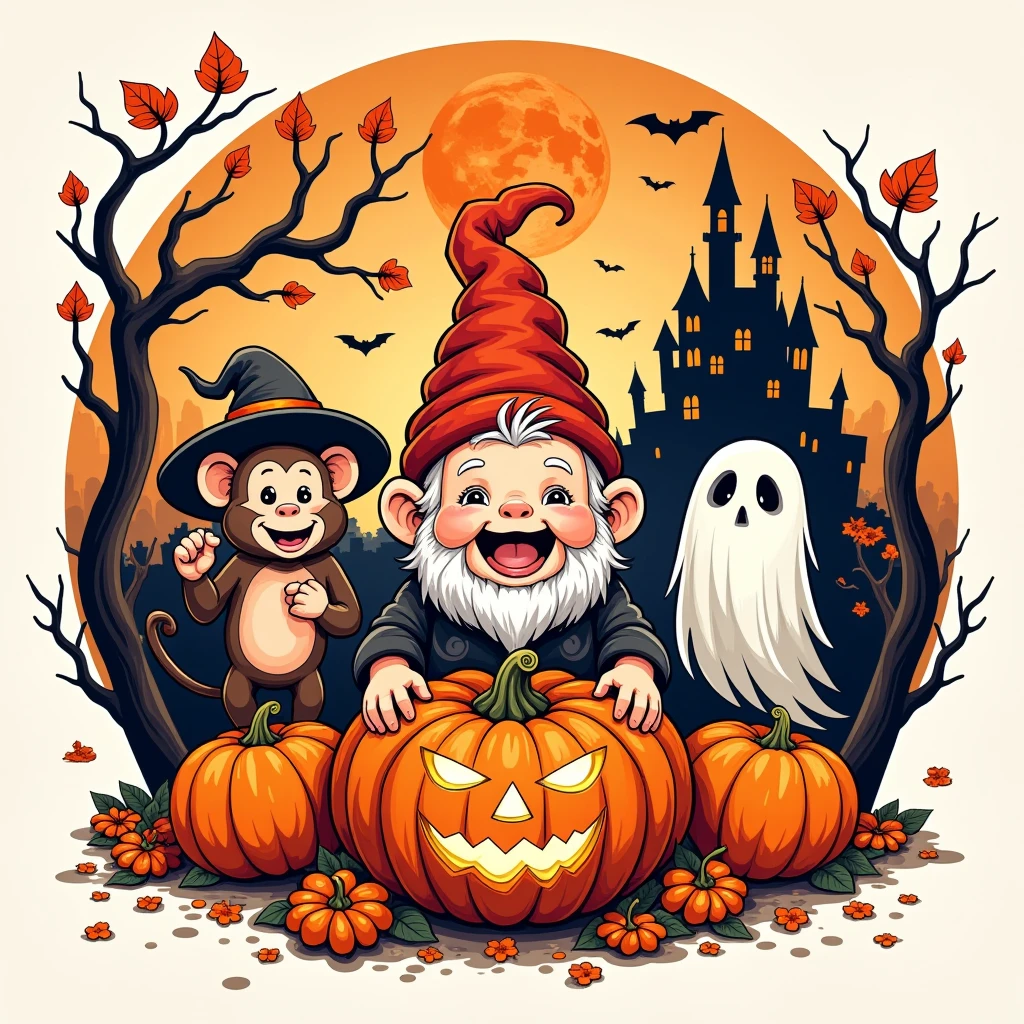 Halloween主题图标，（ badge design 1 .2），masterpiece， Best Quality ，Open mouth smile， upper body，Halloween，pumpkin，Dwarf， and look at the audience，（Monkey：1.2），ghost，Witch Hat，Red Moon，castle， vector painting ，Detailed shadows， colorful art line style，round frame ， leaf simple background ，