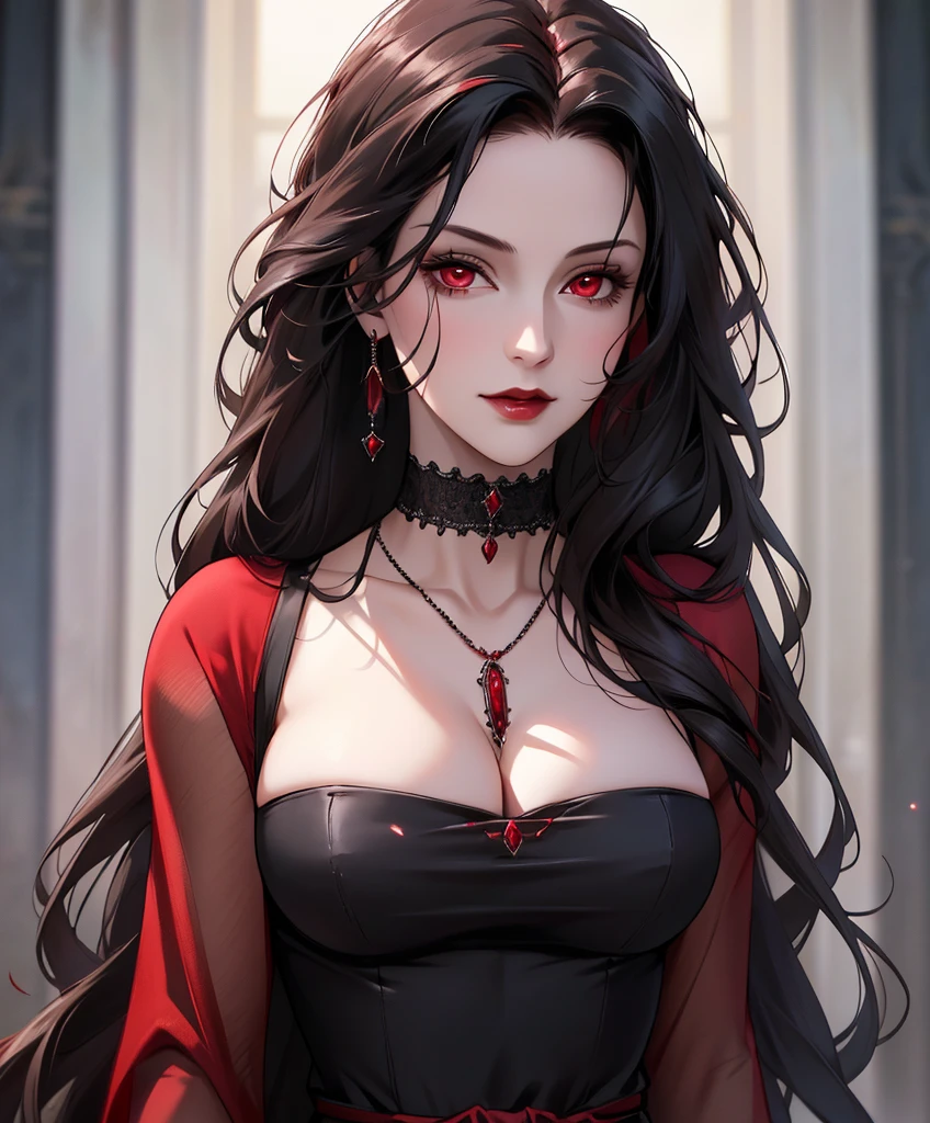 Realistic Portrait, Elegant mature woman (1 female), with red eyes, black hair, long hair, ruby amulet, focus on face, close up shot, cleavage, gothic black dress, only upper body, up to waist, soft light, high detail, 4k resolution, high quality, beautiful CG