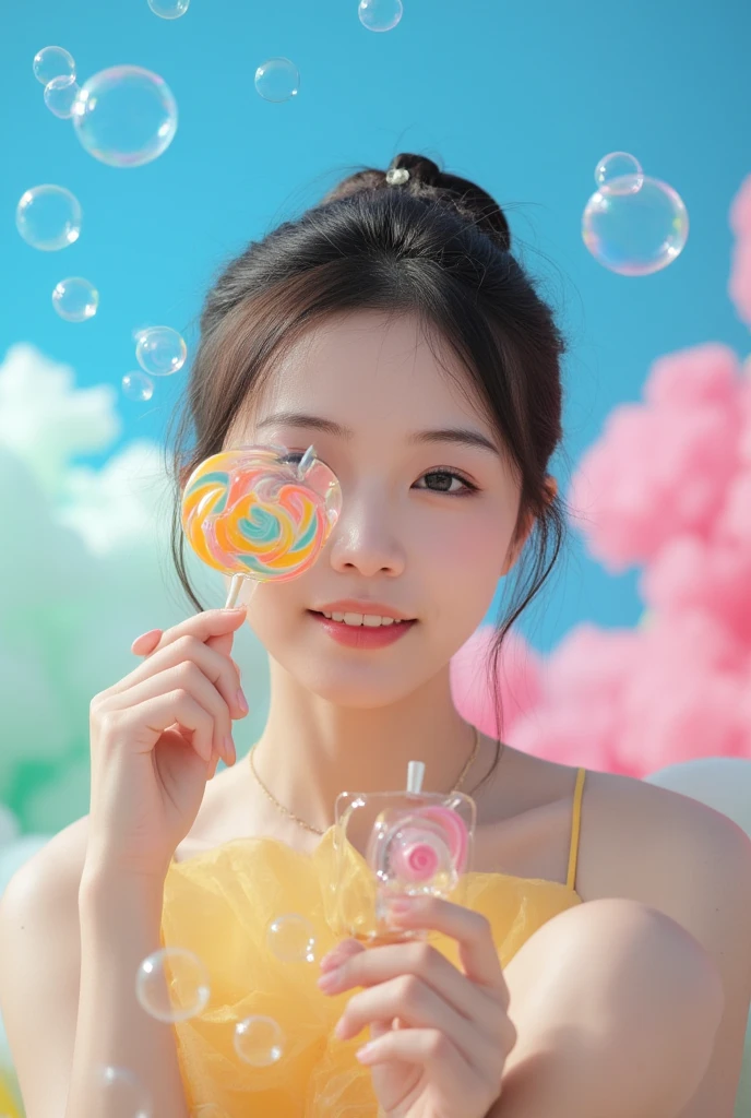 A serene Thai girl 20 yers old so cute sits gracefully on a vibrant cloud made up of blue, pink, yellow, and green hues. She delicately holds a large lollipop adorned with vivid, colorful swirls. Her skin is intricately detailed, with prominent eyebrows and a joyful smile, all anatomically realistic. Around her float transparent bubbles, adding a whimsical touch to the scene. Despite the unreal setting, the girl's lifelike face invites deep contemplation. The cinematic, aesthetic lighting enhances the sweetness of the atmosphere, creating a beautiful, dreamlike visual, --S 999 Style raw