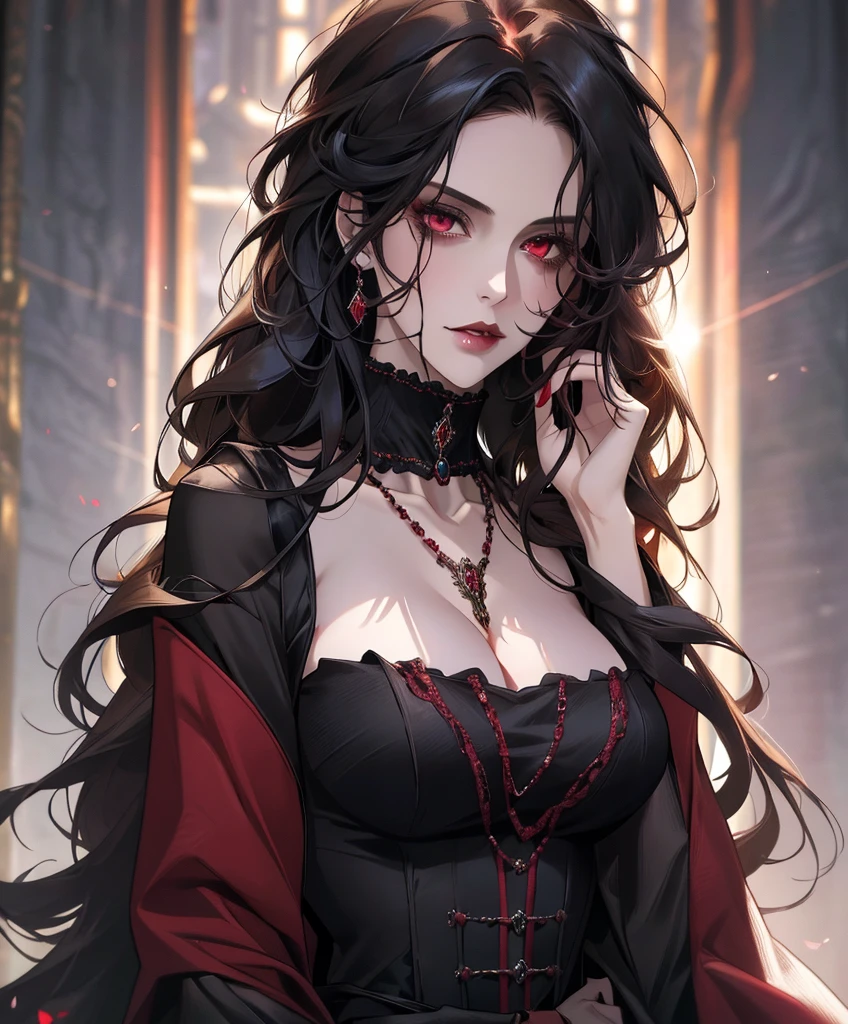 Realistic Portrait, Elegant mature woman (1 female), with red eyes, black hair, long hair, ruby amulet, focus on face, close up shot, cleavage, gothic black dress, only upper body, up to waist, soft light, high detail, 4k resolution, high quality, beautiful CG