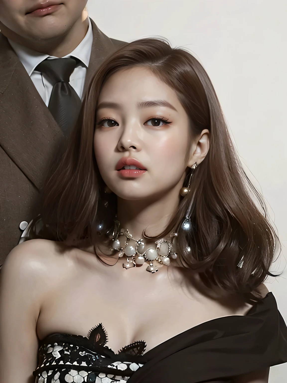 black pink jennie, almond eyes,      full lips, large and voluptuous breasts . flirtatious look