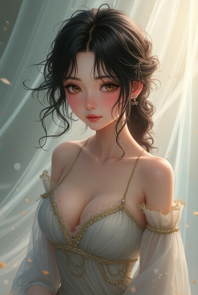 Create an illustration that meets the following conditions:。 -Create a round frame icon -Realistic anime style -character -Young but sexy aura - Fantasy background