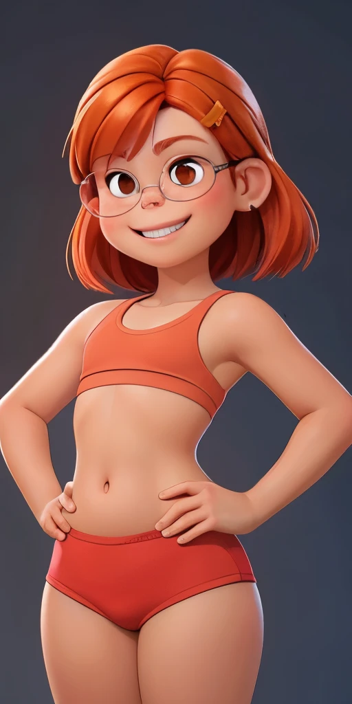 (best quality:1.4),(shiny skin), body focus, (cute face), (((best quality))), illustration, ((Beautiful Finger)), , Beautiful body, Beautiful character design, ,perfect lighting, Colorful, Bright_Front_face_Lighting, ultra high res, highres, absurdres:1.2, bokeh:1.2, lens flare, (vibrant_color:1.2), (Beautiful, small breasts:1.4),
Reddish-orange hair, red hairclip, circular glasses, (brown eyes:1.2), topless, nipples, smile (chubby:1), Small Slim Fit Yoga Shorts , of small stature, indoors, palms, hand on hip,