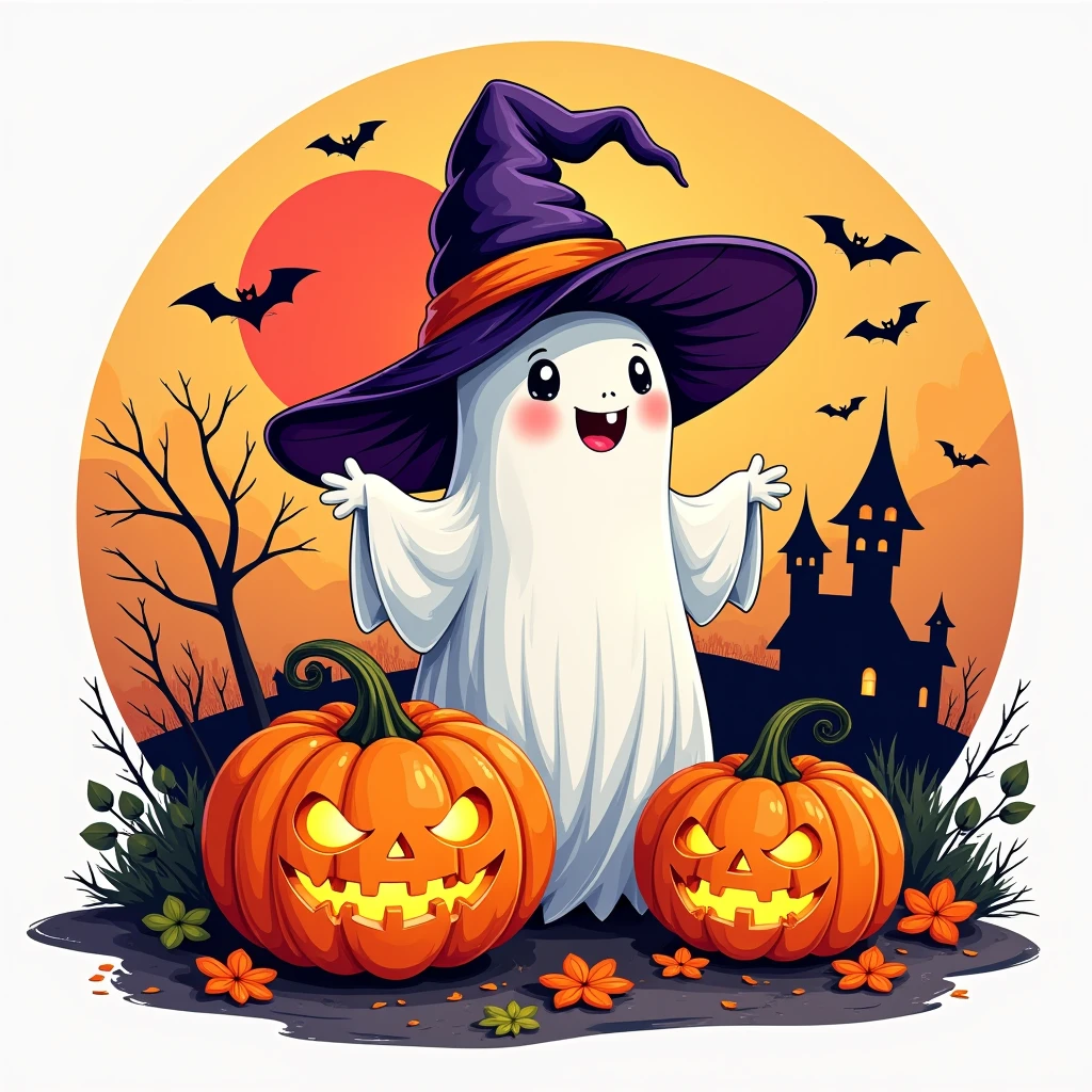 Halloween themed icon， (Badge design 1.2)，masterpiece，best quality，open mouth smile，upper body，Halloween，Pumpkins，looking at the audience，ghost，witch_hat，red_moon，castle，vector drawing，Detailed shadow，Colorful artistic line style，Circular Frame，leafsimple background