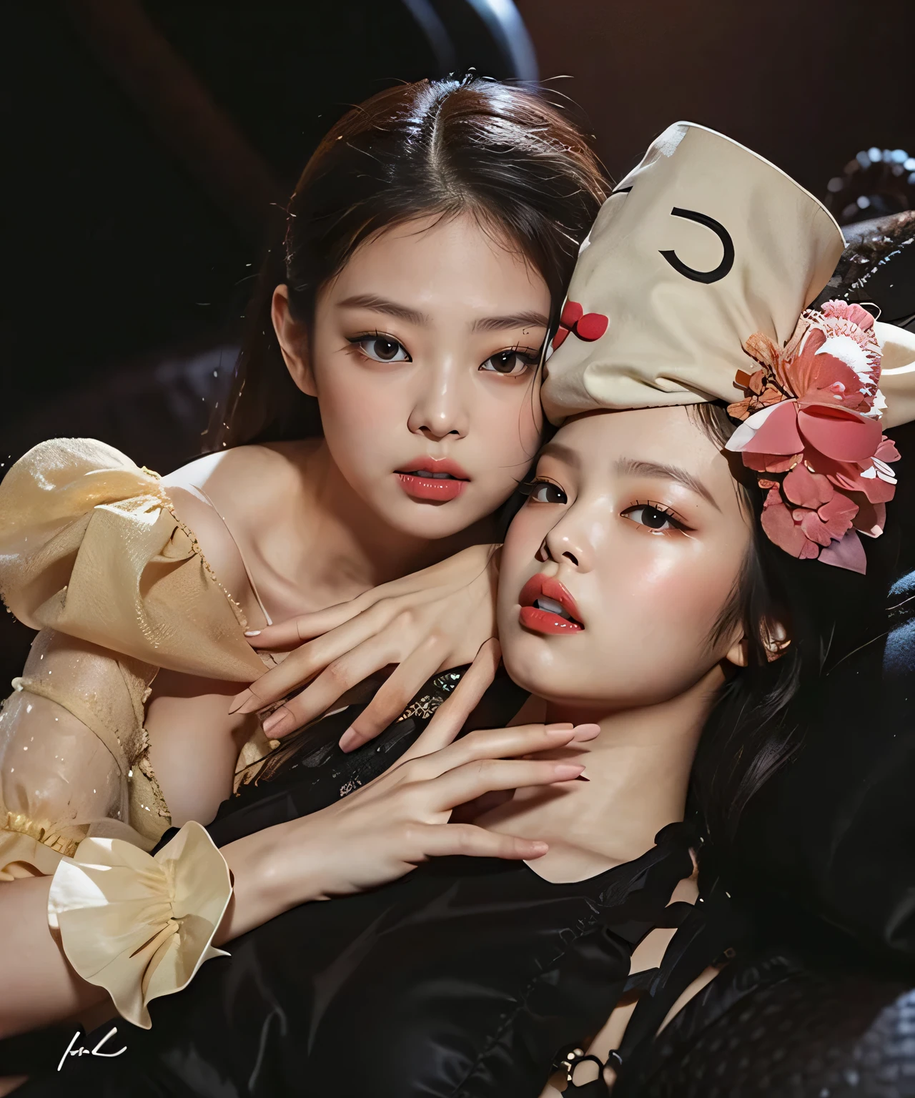 black pink jennie, almond eyes,      full lips, large and voluptuous breasts . flirtatious look