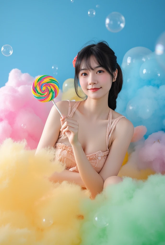 A Thai girl 20 years old, beautiful, sits gracefully on a vibrant cloud made up of blue, pink, yellow, and green hues. She delicately holds a large lollipop adorned with vivid, colorful swirls. Her skin is intricately detailed, with prominent eyebrows and a joyful smile, all anatomically realistic. Around her float transparent bubbles, adding a whimsical touch to the scene. Despite the unreal setting, the girl's lifelike face invites deep contemplation. The cinematic, aesthetic lighting enhances the sweetness of the atmosphere, creating a beautiful, dreamlike visual, --S 999 Style raw