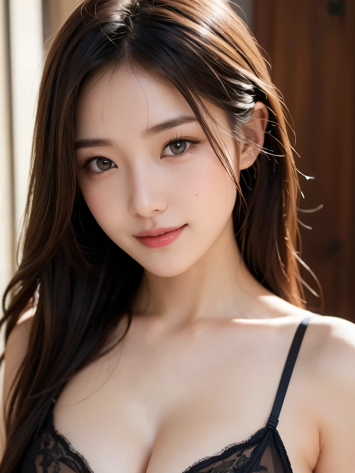 (Realistic, High image quality, RAW Photos), Beautiful Japanese Woman, Natural Light:1.3, Soft light, Beautiful Face, Happy Face, glamorous body, sexy eyes, Large Breasts:1.3, Brown eyes:1.2, Random Hairstyles, Beautifully designed lingerie, Random color lingerie, Dynamic pose, looling at viewer, dynamic angle, want to kiss, happy
