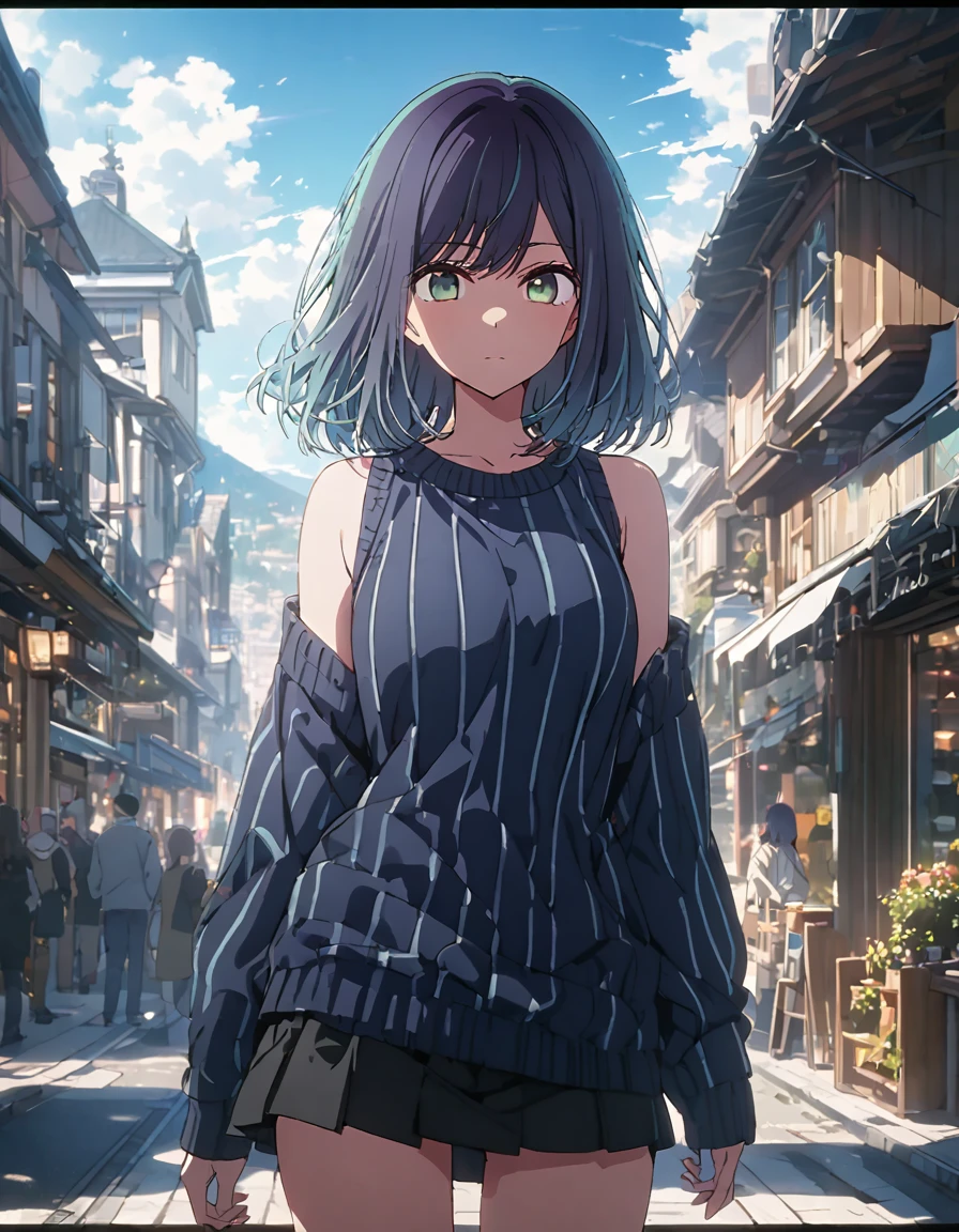 akane kurokawa, bangs, green eyes, blue hair, medium hair, dark blue hair, shoulderless, sweater, navy blue sweater, vertical stripes sweater, tight skirt, sunshine, sky, town, from front, looking viewer, solo, cowboy shot, best quality, high quality, ultra-detailed, high resoolution, 8K, detailed underwear,