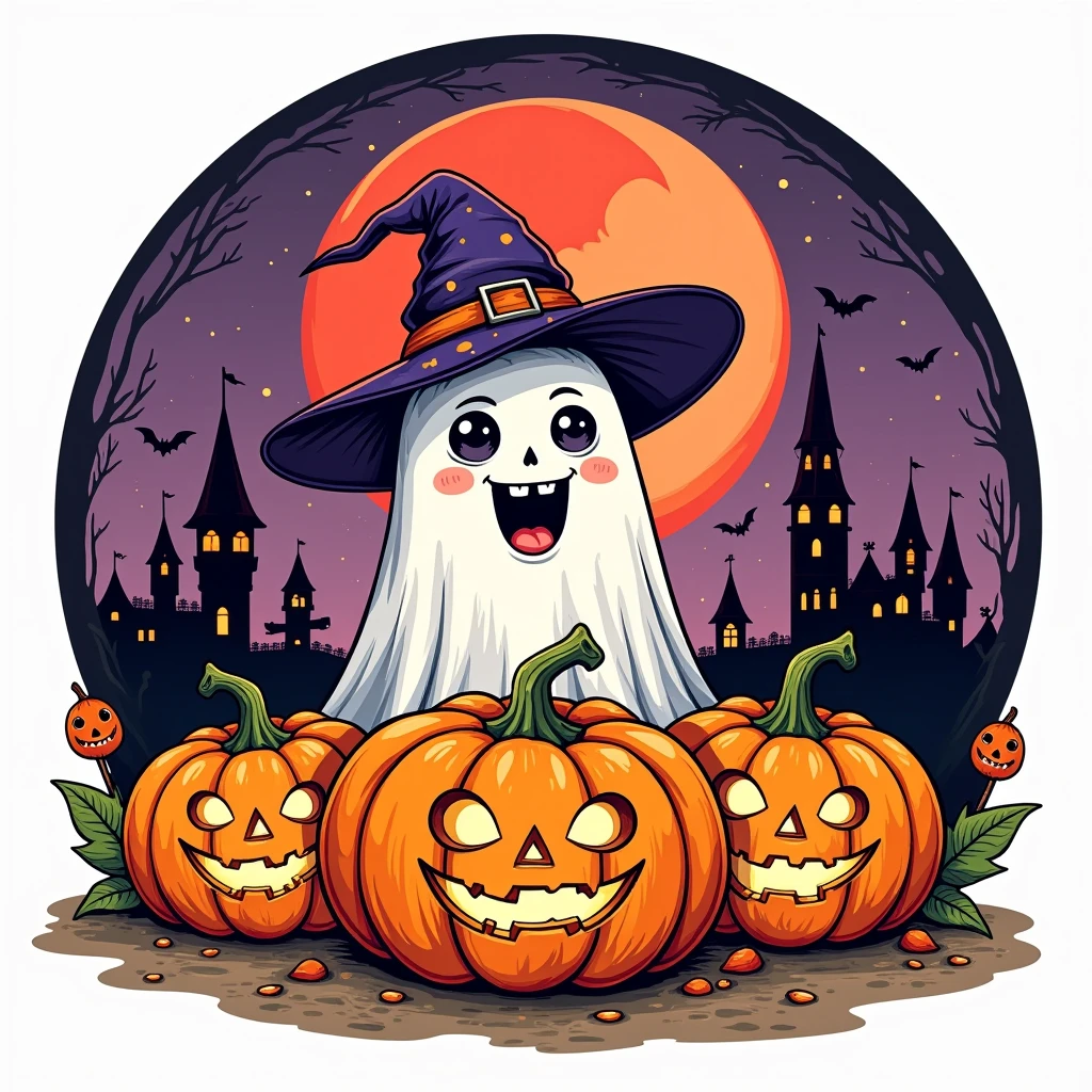 Halloween themed icon， (Badge design 1.2)，masterpiece，best quality，open mouth smile，upper body，Halloween，Pumpkins，looking at the audience，ghost，witch_hat，red_moon，castle，vector drawing，Detailed shadow，Colorful artistic line style，Circular Frame，leafsimple background