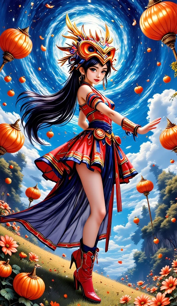 Large Peking Opera facial mask pattern background,simple atmosphere,funny pumpkin lantern carved lion headdress dress up,Chinese beautiful girl,cute and cute,girl Peking Opera facial makeup style,naughty and funny posture,small gourd waist hanging around the waist,small gourd waist showing auspicious clouds and thunder lines outline the "福" word carving,luminous particles,flowing light and shadow,movie feature,texture panorama,masterpiece,depth of field,ultra high definition,extreme detail,visual blockbuster,global illumination,