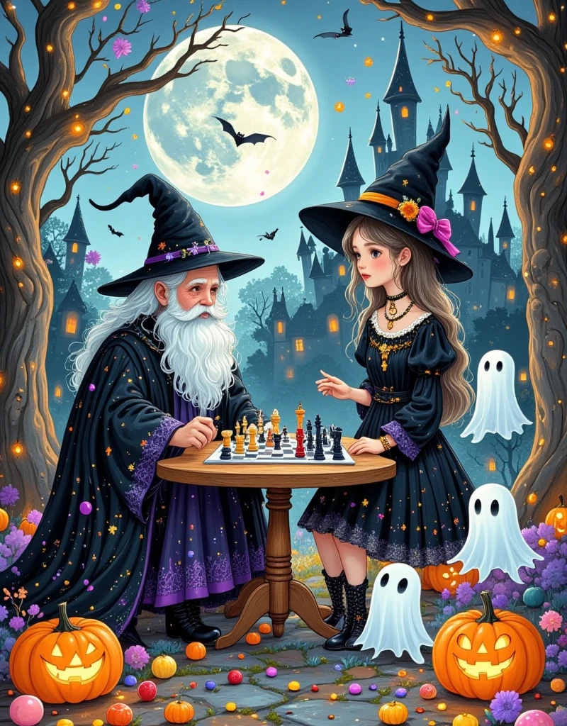 On a Halloween-themed night, an elderly male wizard sat before the chessboard, his long white beard gently swaying in the breeze, his cloak adorned with twinkling star patterns. Across from him sat a beautiful witch, wearing a black, flowy dress embellished with intricate patterns of moons and stars. They were engaged in a unique chess game, the pieces emitting a mysterious glow, with some even transforming into small creatures moving across the board. The surrounding forest was shrouded in ghostly mist, (pumpkin lanterns flickering warmly under the trees:1.3), (the ground covered with colorful candy:1.6), (a group of curious forest animals and a few playful little ghosts gathered around:1.6), quietly observing this strategic game. Bats hung from the branches, and the pumpkin lanterns illuminated the focused expressions of the wizard and witch, the entire scene filled with a mysterious and magical Halloween atmosphere, comic, line art, vector graphics, illustration, colored pencil