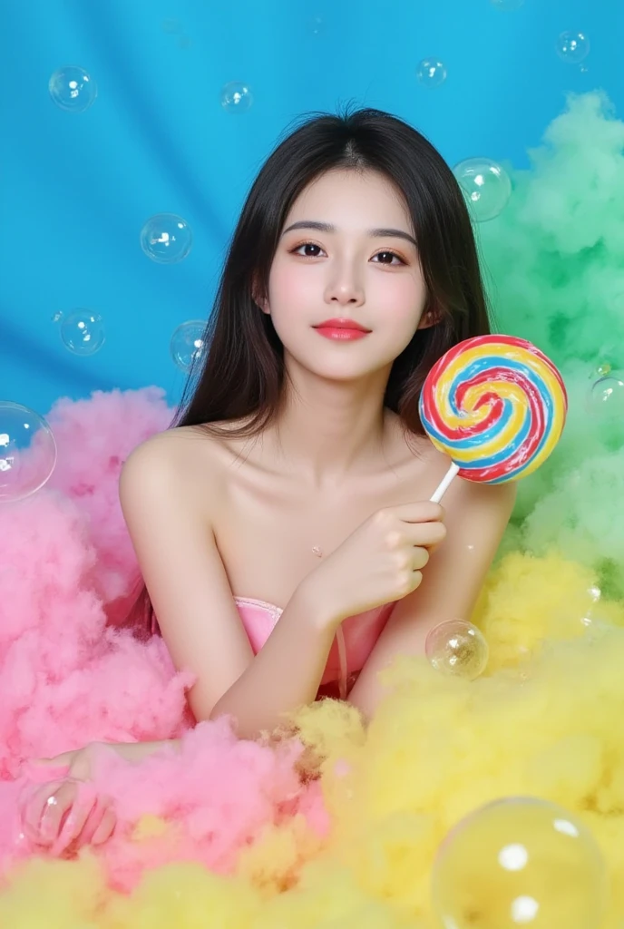 A Thai girl 20 years old, beautiful, sits gracefully on a vibrant cloud made up of blue, pink, yellow, and green hues. She delicately holds a large lollipop adorned with vivid, colorful swirls. Her skin is intricately detailed, with prominent eyebrows and a joyful smile, all anatomically realistic. Around her float transparent bubbles, adding a whimsical touch to the scene. Despite the unreal setting, the girl's lifelike face invites deep contemplation. The cinematic, aesthetic lighting enhances the sweetness of the atmosphere, creating a beautiful, dreamlike visual, --S 999 Style raw