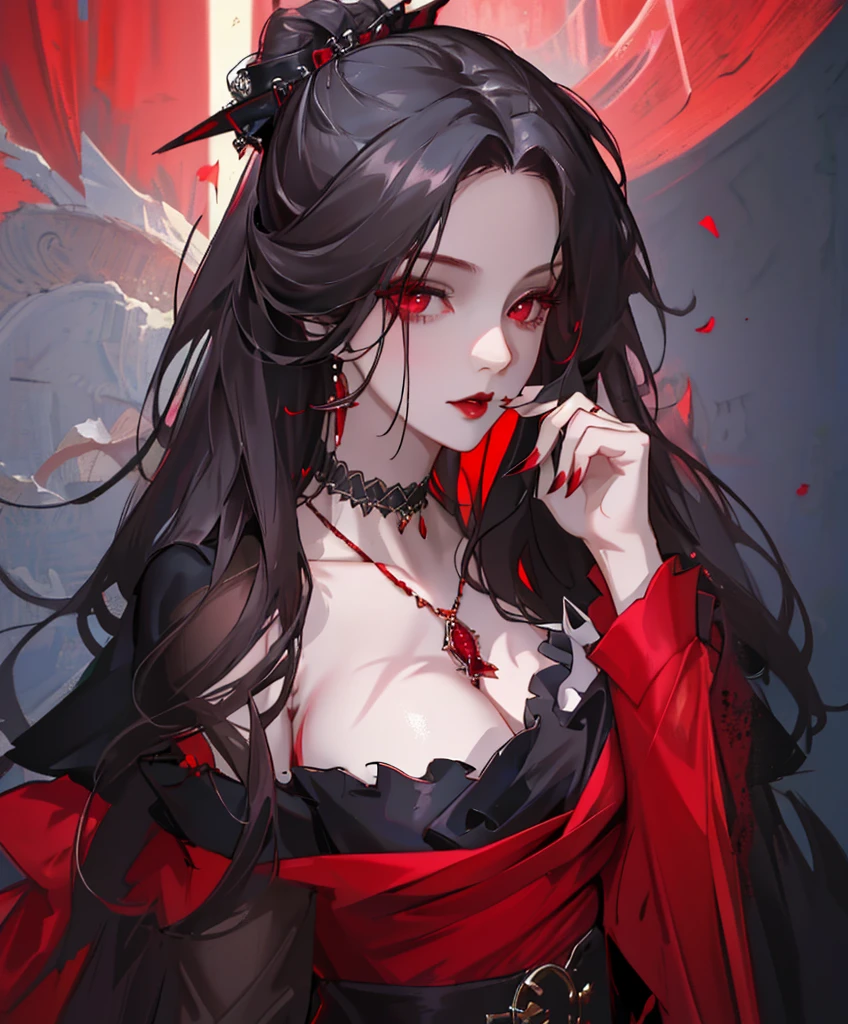 Realistic Portrait, Elegant mature woman (1 female), with red eyes, black hair, long hair, ruby amulet, focus on face, close up shot, cleavage, gothic black dress, only upper body, up to waist, soft light, high detail, 4k resolution, high quality, beautiful CG