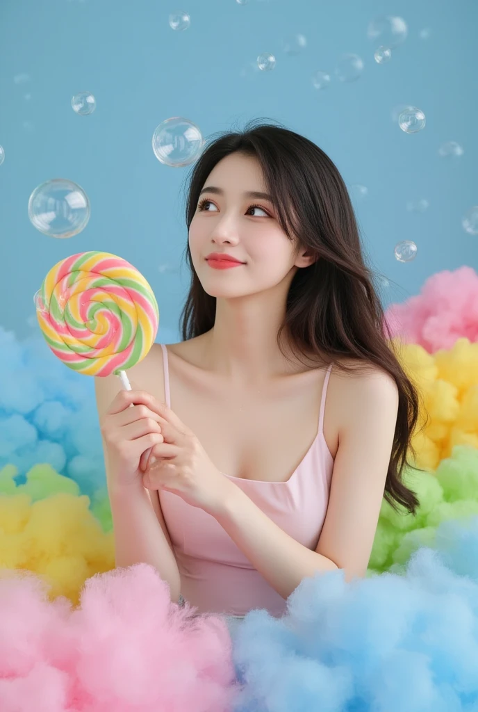 A Thai girl 20 years old, beautiful, sits gracefully on a vibrant cloud made up of blue, pink, yellow, and green hues. She delicately holds a large lollipop adorned with vivid, colorful swirls. Her skin is intricately detailed, with prominent eyebrows and a joyful smile, all anatomically realistic. Around her float transparent bubbles, adding a whimsical touch to the scene. Despite the unreal setting, the girl's lifelike face invites deep contemplation. The cinematic, aesthetic lighting enhances the sweetness of the atmosphere, creating a beautiful, dreamlike visual, --S 999 Style raw