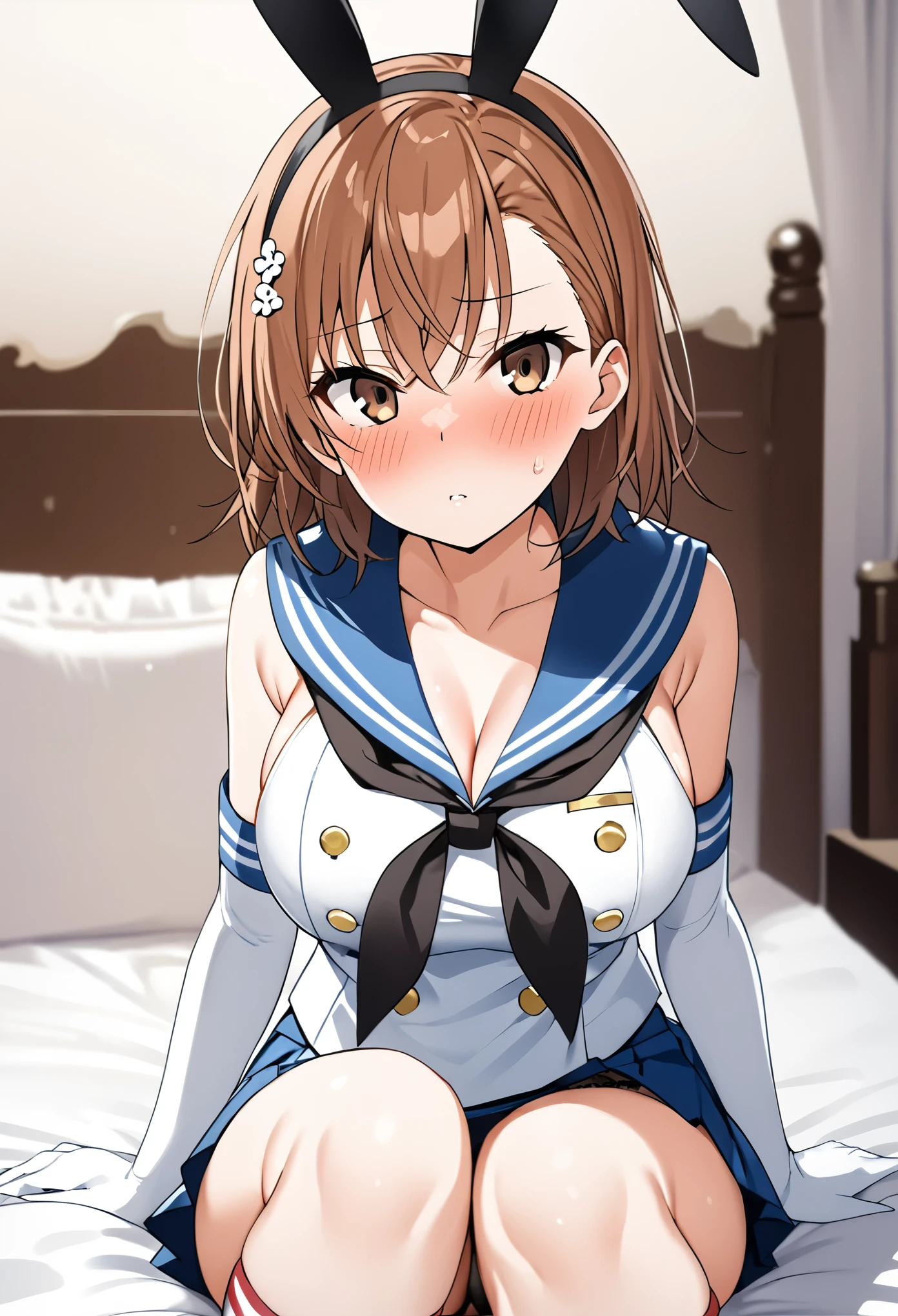 (((Best Quality、 Kampala、4K、 beautiful anime girl、Smooth Skin、Glowing Skin、Soft Skin、solo、Detailed face)))、(((Misaka Mikoto、 short hair、Brown Hair、Hair accessories、Hair accessories、 Brown Eyes 、Big Breasts)))、((Shimakaze Cosplay、black neckerchief 、Blue mini skirt、red and white striped knee socks、Black panties、 blue sailor color 、white elbow gloves、black rabbit ears ))、(( staring at me 、White bedroom、front、blush、Sit on the bed))