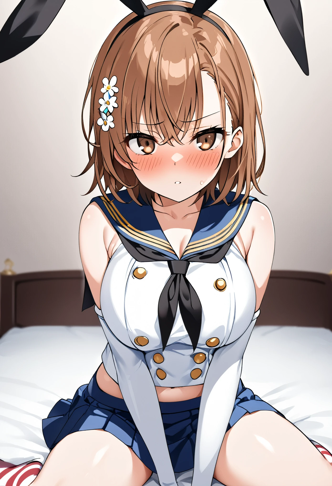 (((Best Quality、 Kampala、4K、 beautiful anime girl、Smooth Skin、Glowing Skin、Soft Skin、solo、Detailed face)))、(((Misaka Mikoto、 short hair、Brown Hair、Hair accessories、Hair accessories、 Brown Eyes 、Big Breasts)))、((Shimakaze Cosplay、black neckerchief 、Blue mini skirt、red and white striped knee socks、Black panties、 blue sailor color 、white elbow gloves、black rabbit ears ))、(( staring at me 、White bedroom、front、blush、Sit on the bed))