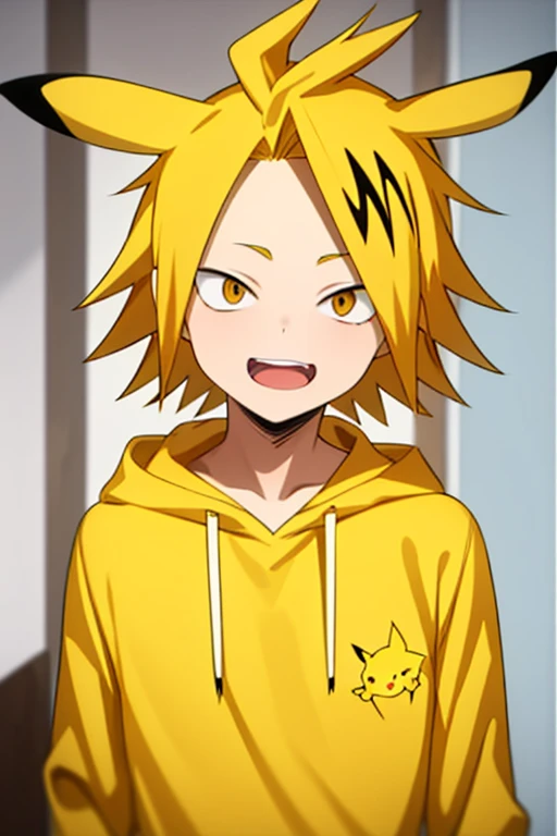 masterpiece, best quality, high quality, 1boy, solo, male focus, looking at viewer, upper body, kaminari_denki, blonde hair, multicolored_hair,  yellow pikachu pajamas, adorable expression, red cheeks, pikachu hoodie, Hood on with raised pikachu ears