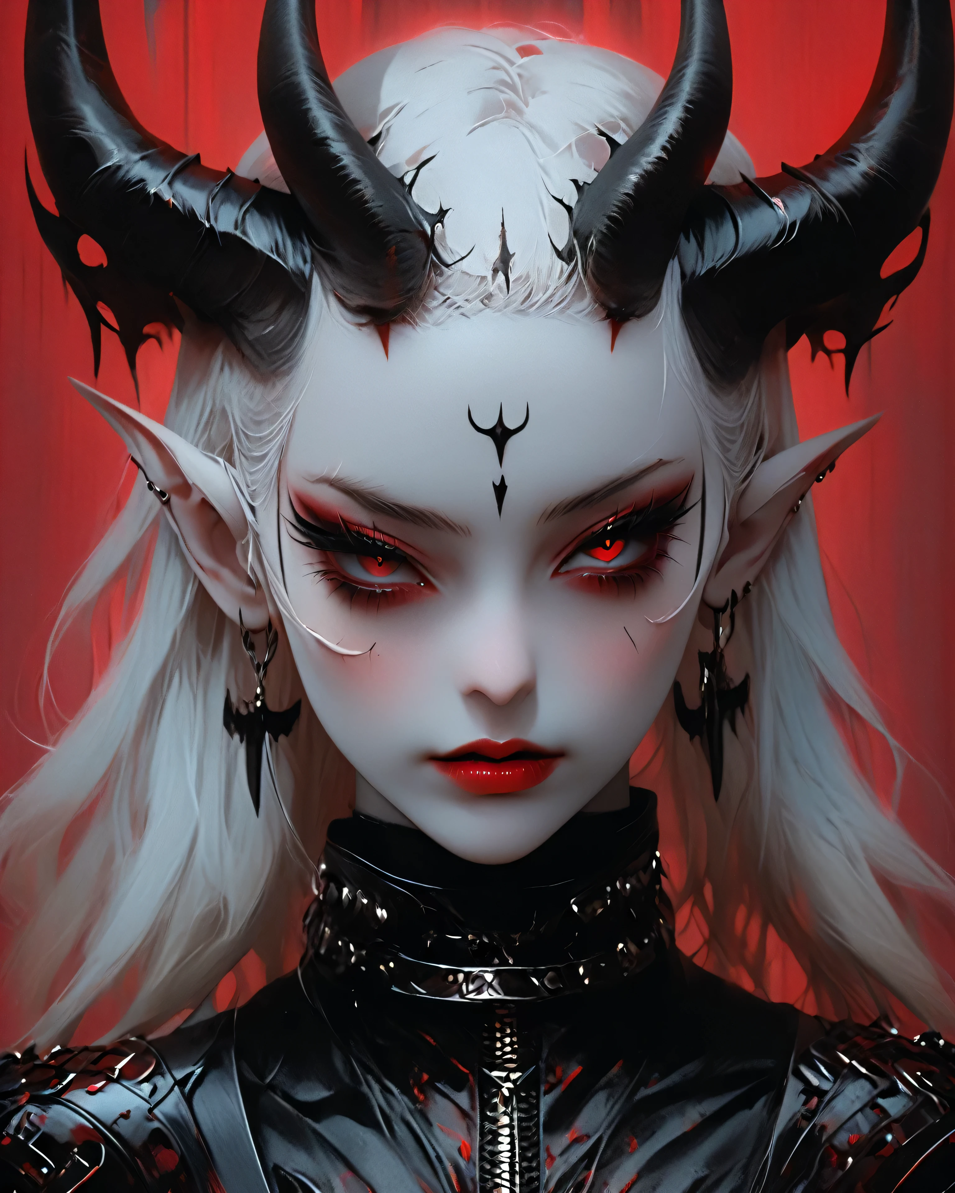 Portrait, close up, Bron above, Skinhead girl, demon girl, very angry, ((total smokey eyes)), (skinhea:1.2 ) , (crimson eyes), (black armor), (long intricate horns:1.3), red liquid lips,  (best quality), highest quality, extremely detail,  8k, wallpaper, detailed and intricate,