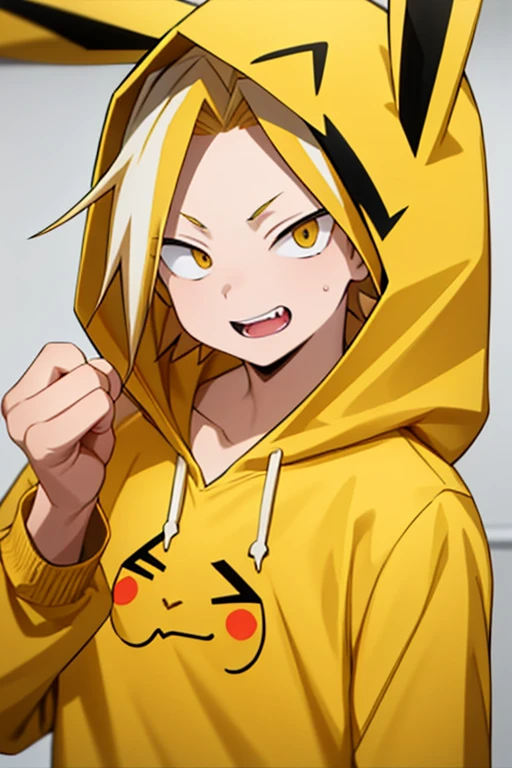 masterpiece, best quality, high quality, 1boy, solo, male focus, looking at viewer, upper body, kaminari_denki, blonde hair, multicolored_hair,  yellow pikachu pajamas, adorable expression, red cheeks, pikachu hoodie, Hood on with raised pikachu ears