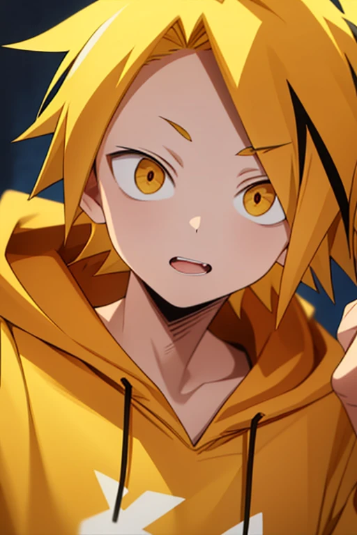 masterpiece, best quality, high quality, 1boy, solo, male focus, looking at viewer, upper body, kaminari_denki, blonde hair, multicolored_hair,  yellow pikachu pajamas, adorable expression, red cheeks, pikachu hoodie, Hood on with raised pikachu ears, Kawaii face long sleeves