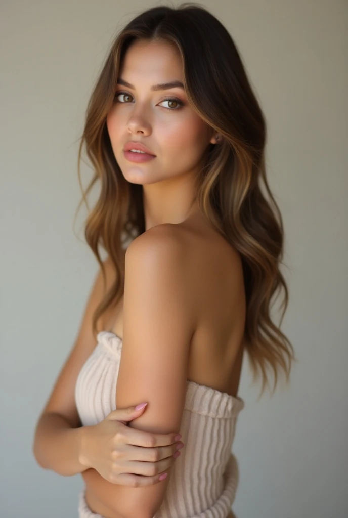 hyper Réaliste,,aqheodd, Réaliste style, a woman with cheveux longs and a white tank top, 1fille, seulement, cheveux longs, regarder le spectateur, cheveux bruns, chemise, yeux marrons, white chemise, Haut du corps, parted Lèvres, dents, Lèvres, portrait, Réaliste, détaillé, complexe, élégant, Lumière, netteté, Beau, superbe, hautement doté