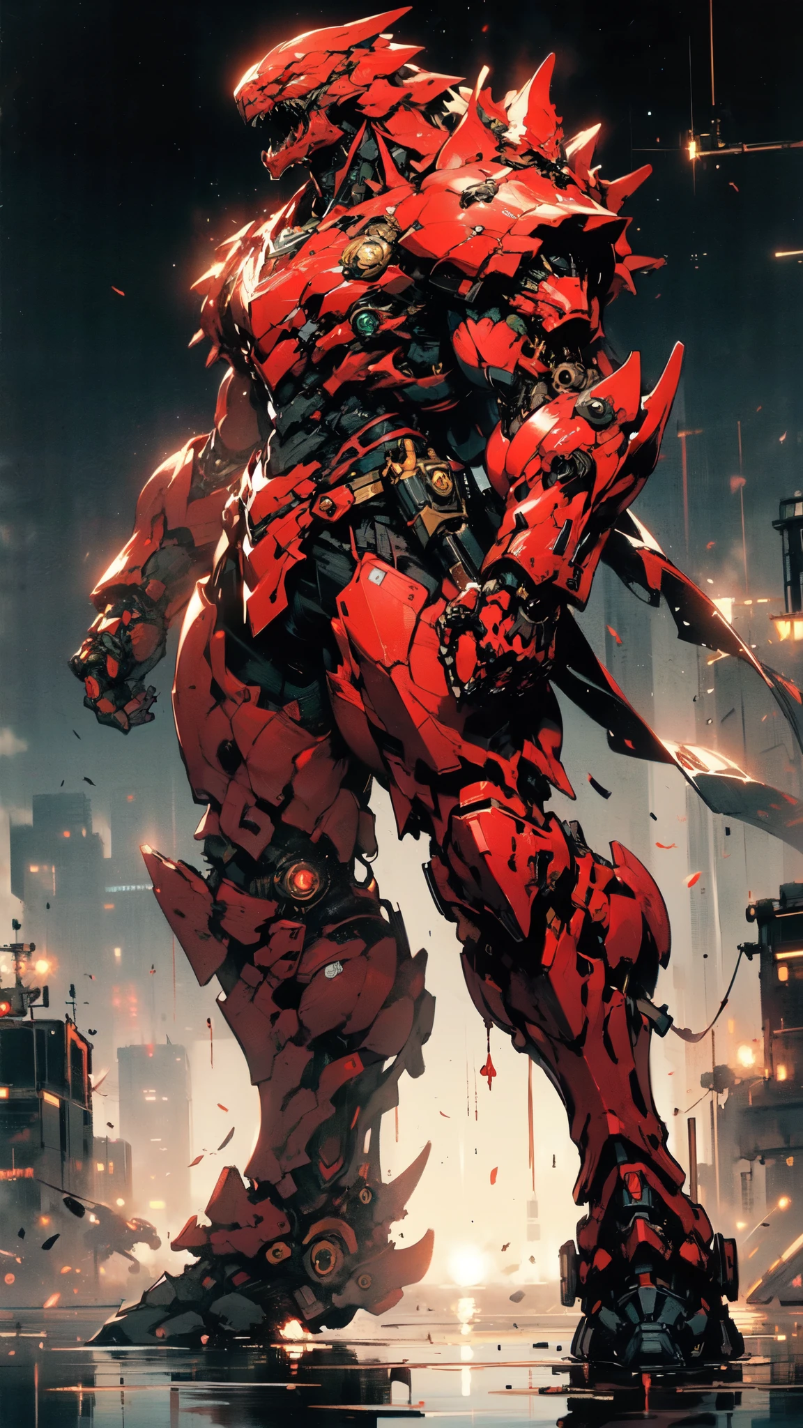 (masterpiece:1.5, best quality:1.5, extremely delicate:1.5, dynamic angle:1.5), ((male:1.5)), Biomimetic humanoid Mecha, green eyes, fully enclosed shoulder guards, matching arm and leg guards, gemstone, full body, full armor, the design balances heavy with agility, organic biotech armor, (the color scheme is primarily Golden and Red with Black and White accents, concept Inspired by Godzilla, glowing eyes, the armor glows), standing, floating high above the futuristic sci-fi city, a finely crafted Super robot in anime style, exquisite and mature art style, metallic, dramatic, high definition, highres, ultra-detailed, ultra-fine painting, professional, anatomically correct, symmetrical face, extremely detailed eyes and face, high quality eyes, creativity, RAW photo, UHD, 32k, Natural light, cinematic lighting, (masterpiece-anatomy-perfect:1.2)